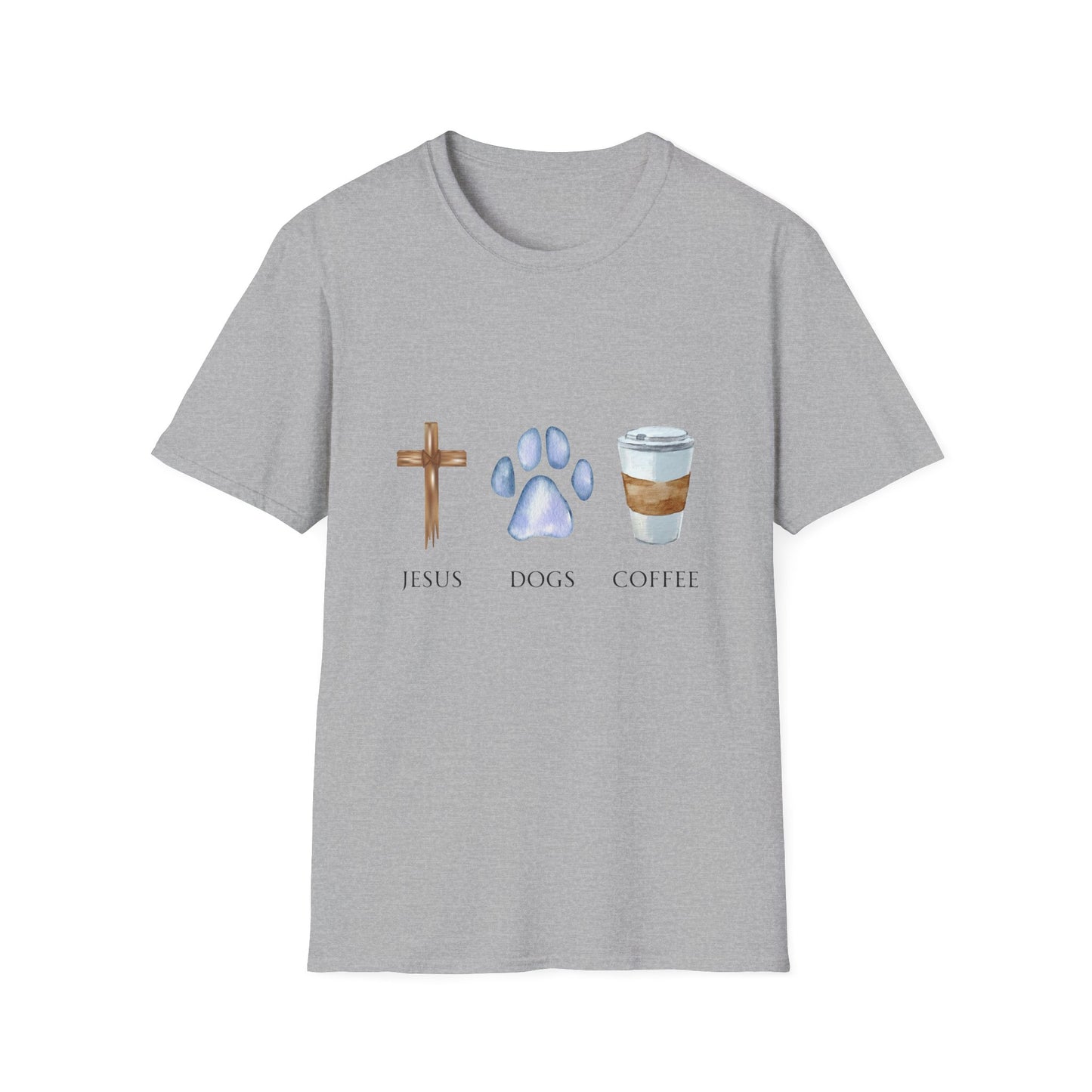 A woman wearing a gray unisex t-shirt with graphics of a cross, a dog paw, and a coffee cup, and the text 'Jesus, Dogs, Coffee' on it.