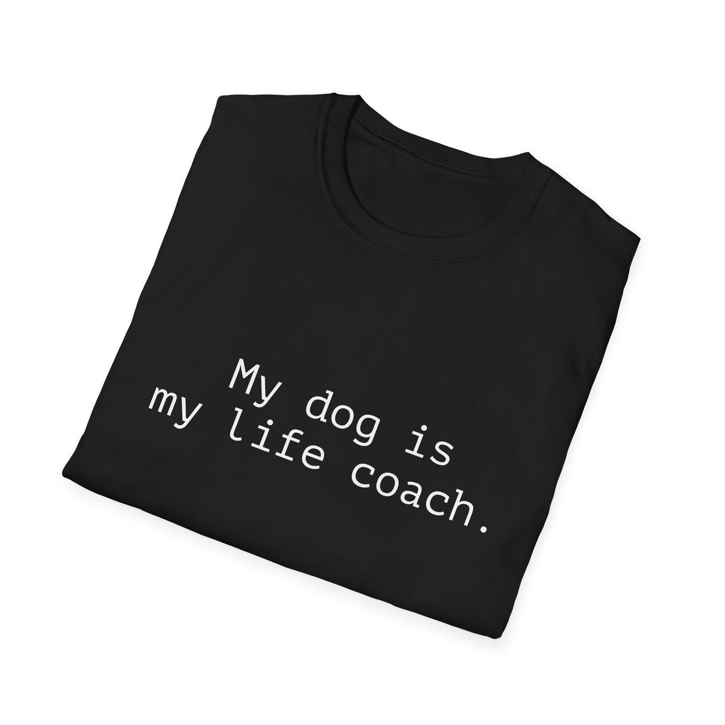 Black t-shirt with 'My dog is my life coach' text on a white background