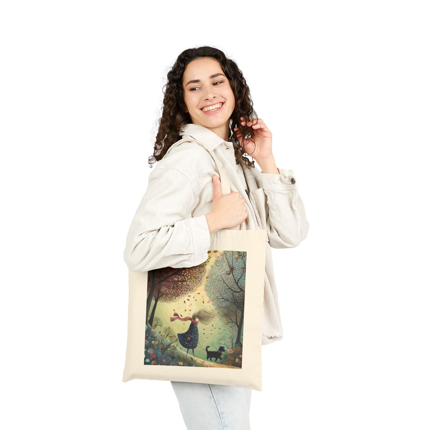 Autumn Serenity Tote Bag, Whimsical Windy Day with Girl & Dog, Fall Forest Illustration Carryall, Cozy Seasonal Market Bag