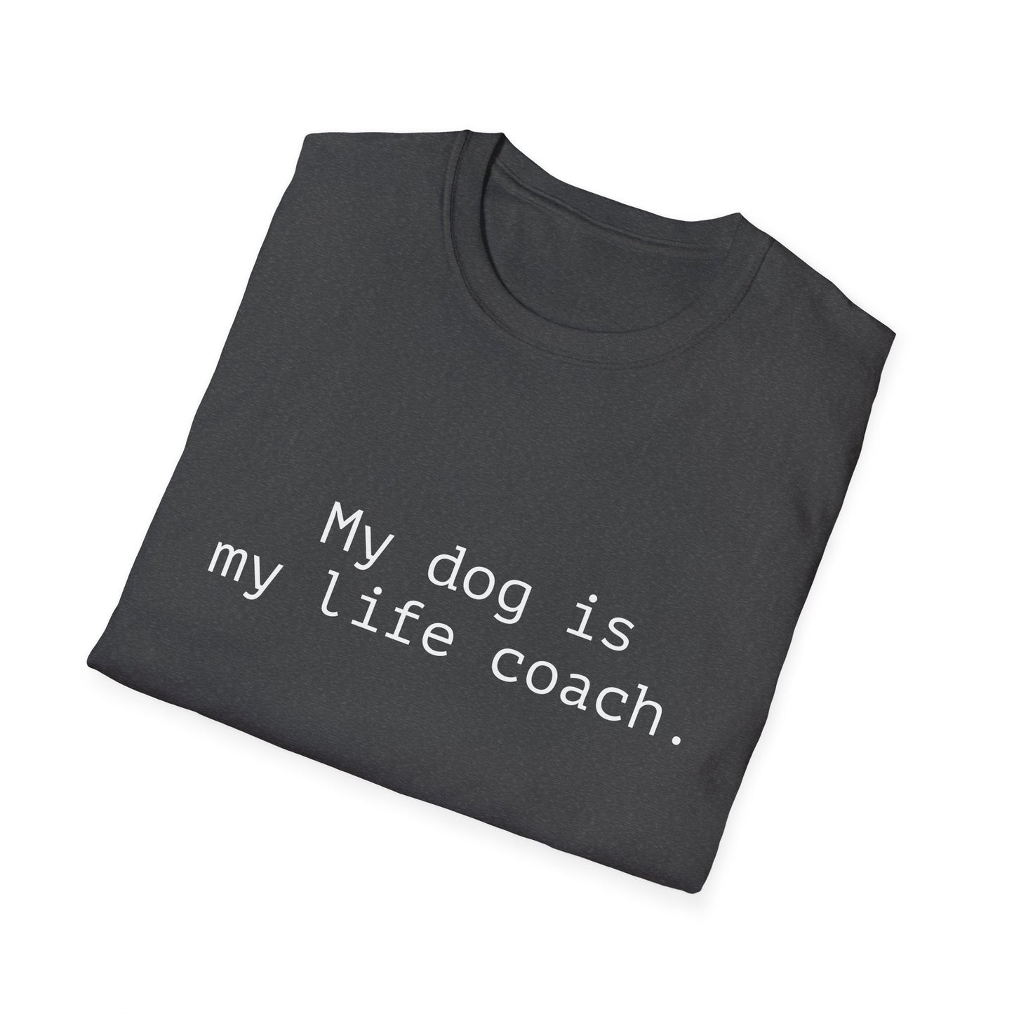Folded black t-shirt with 'My dog is my life coach' text on a white background