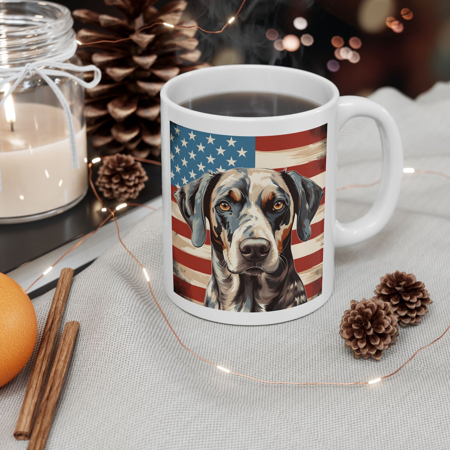 Patriotic Catahoula Leopard Dog Ceramic Mug, (11oz)