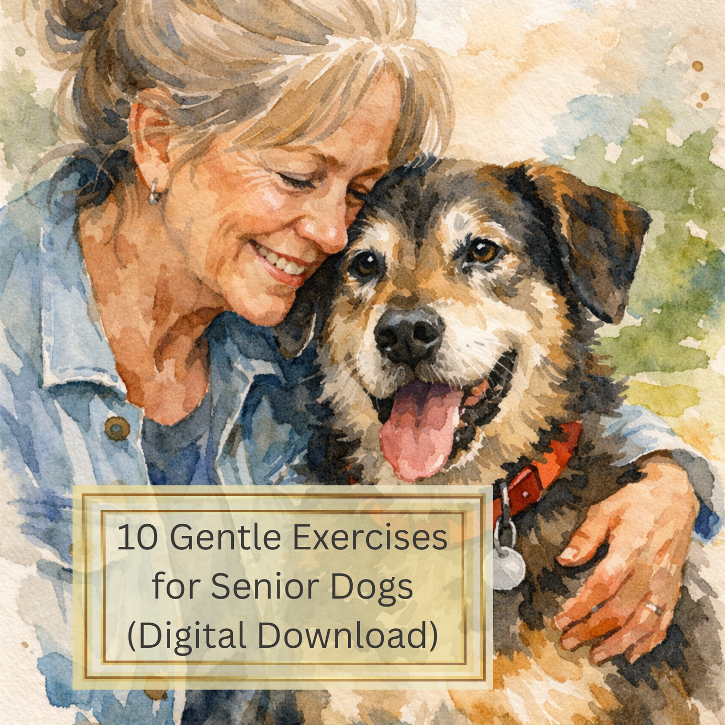Watercolor illustration of a woman hugging a dog with text overlay about gentle exercises for senior dogs.