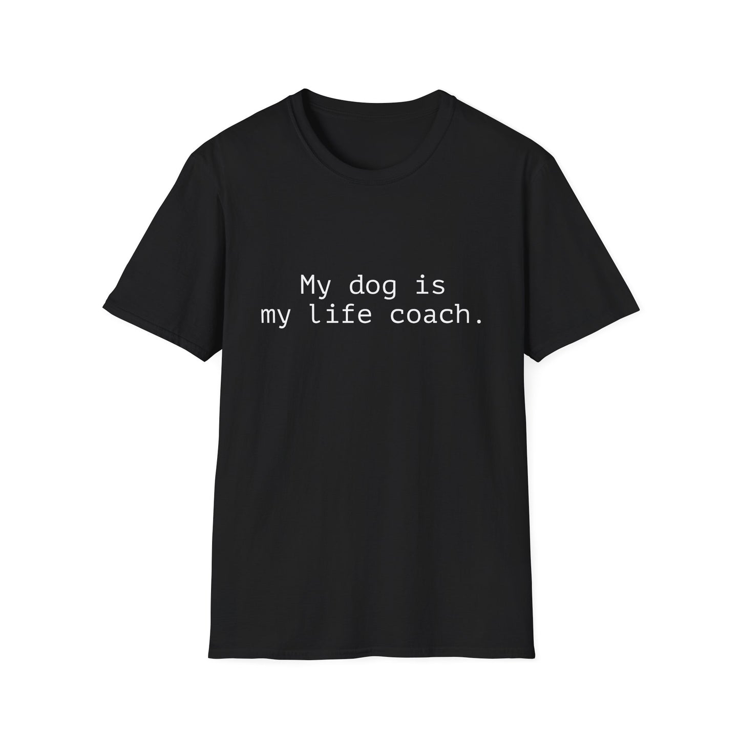 Black t-shirt with text 'My dog is my life coach' on a white background