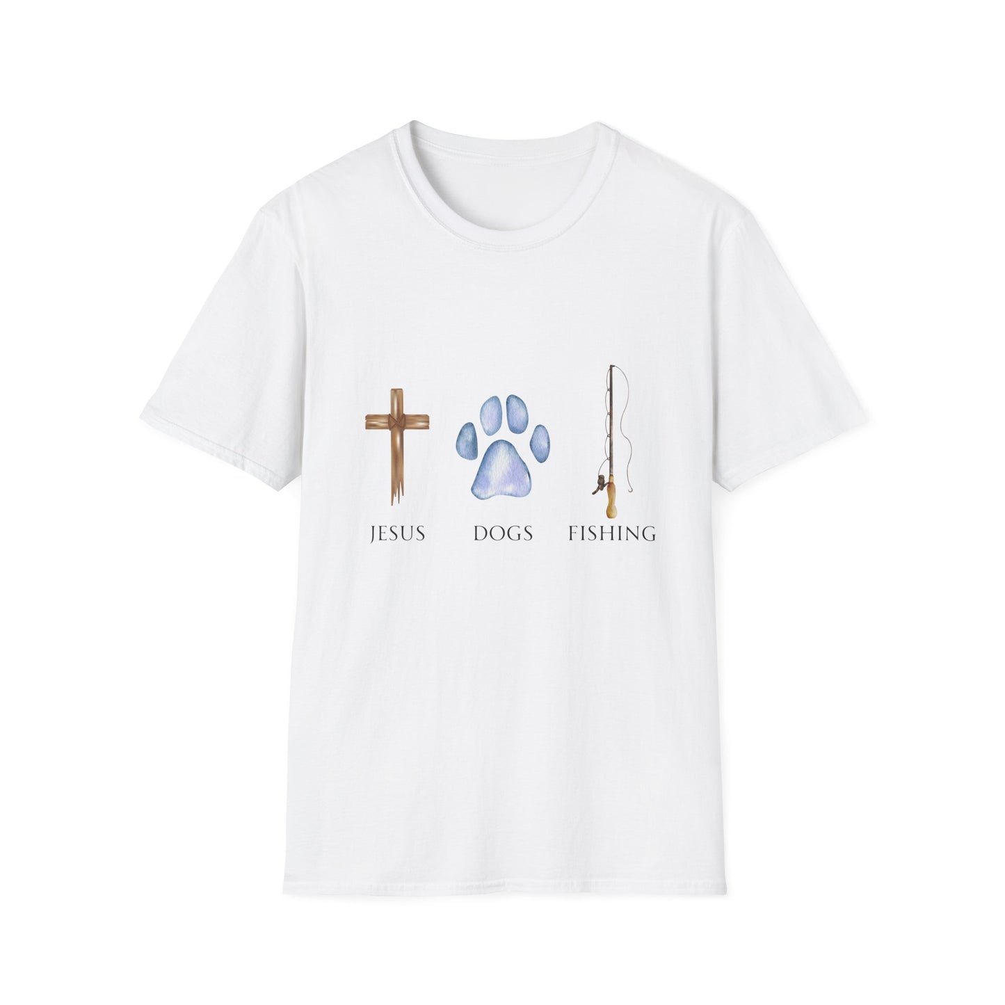 A person wearing a gray unisex t-shirt with text and graphics related to Jesus, dogs, and fishing.