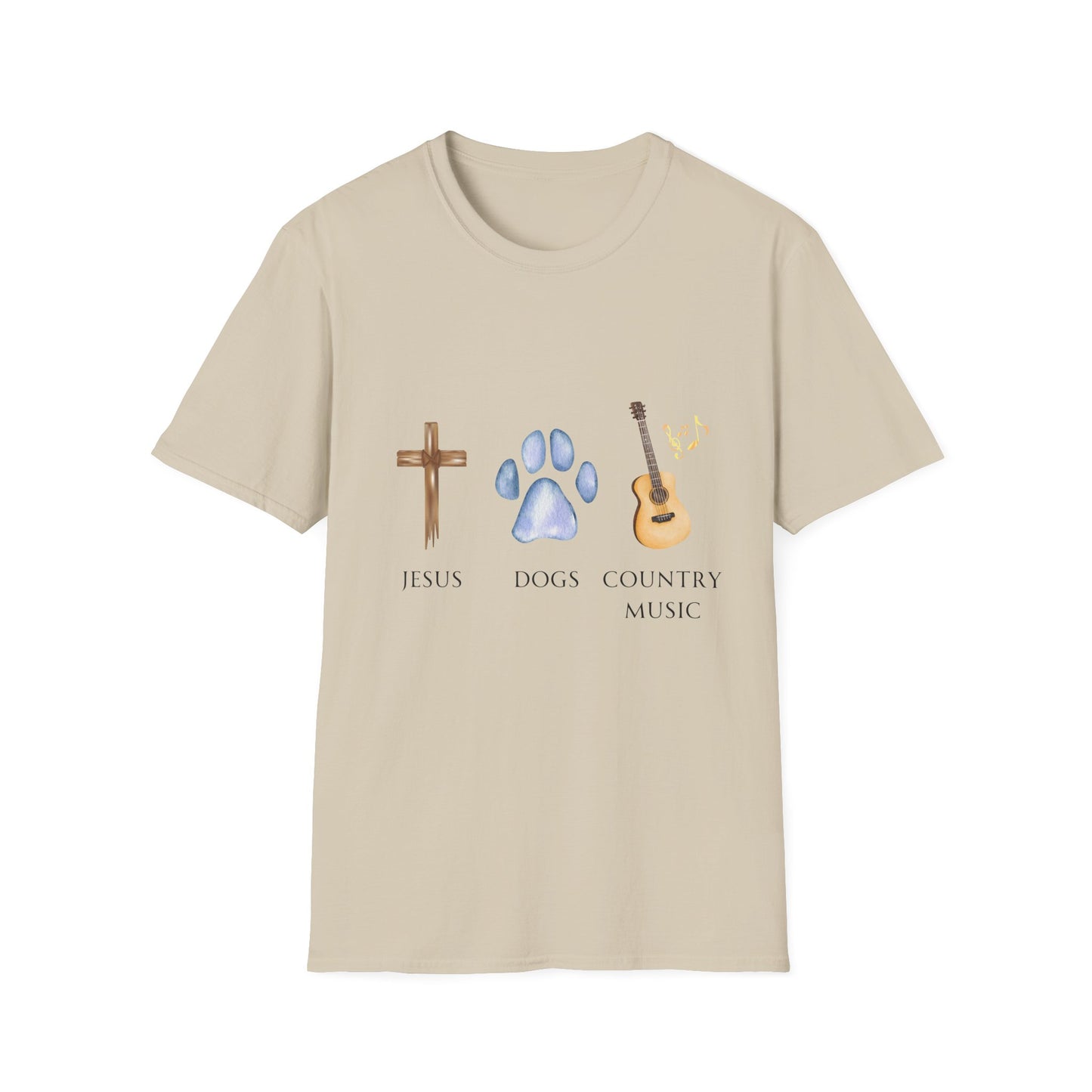 A woman wearing a gray t-shirt with the text 'Jesus, Dogs, Country Music' and graphic images of a cross, a paw print, and a guitar.