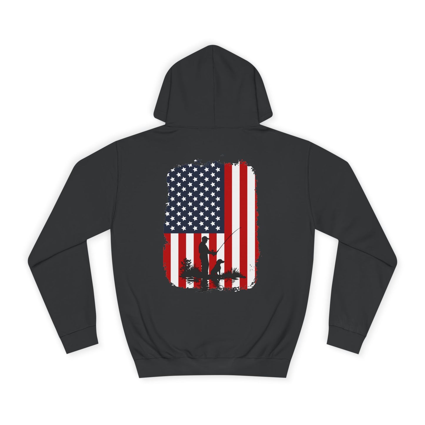 A person wearing a black hoodie with a graphic print of an American flag fisherman with a dog on the back.