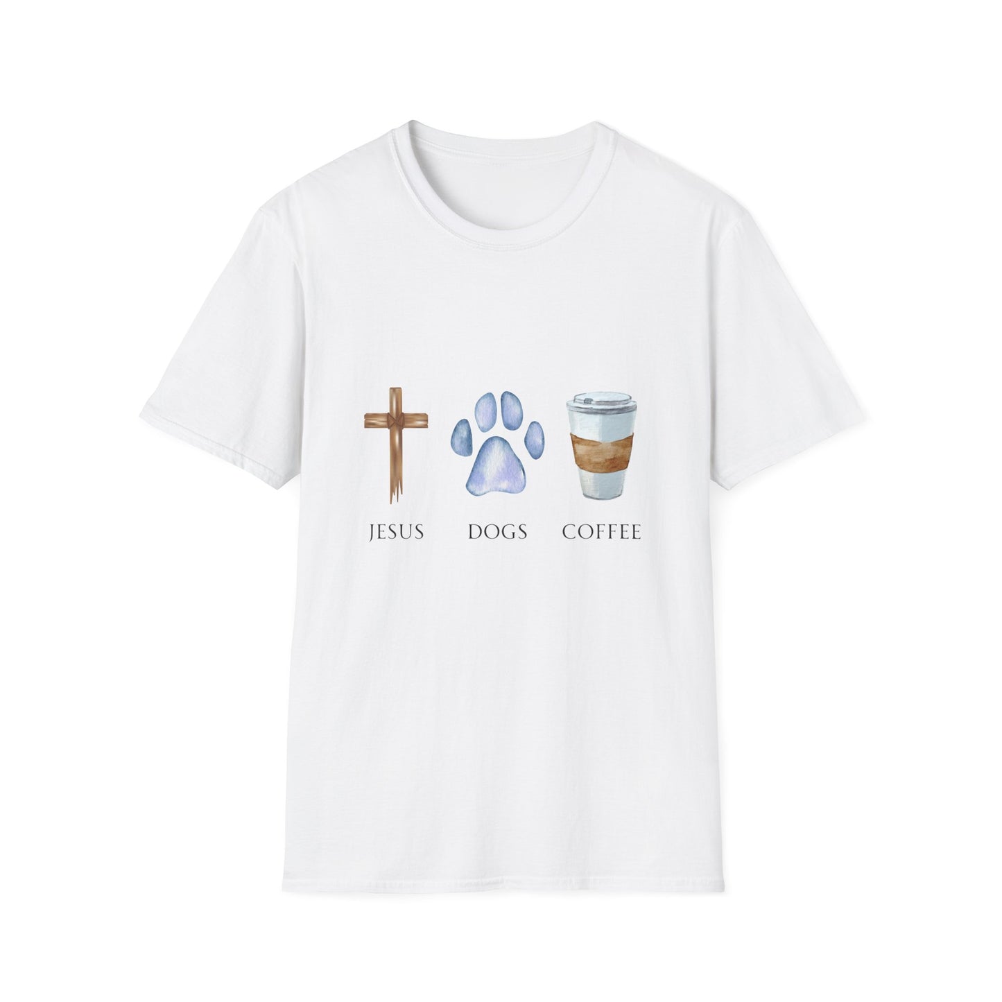 A woman wearing a gray unisex t-shirt with graphics of a cross, a dog paw, and a coffee cup, and the text 'Jesus, Dogs, Coffee' on it.