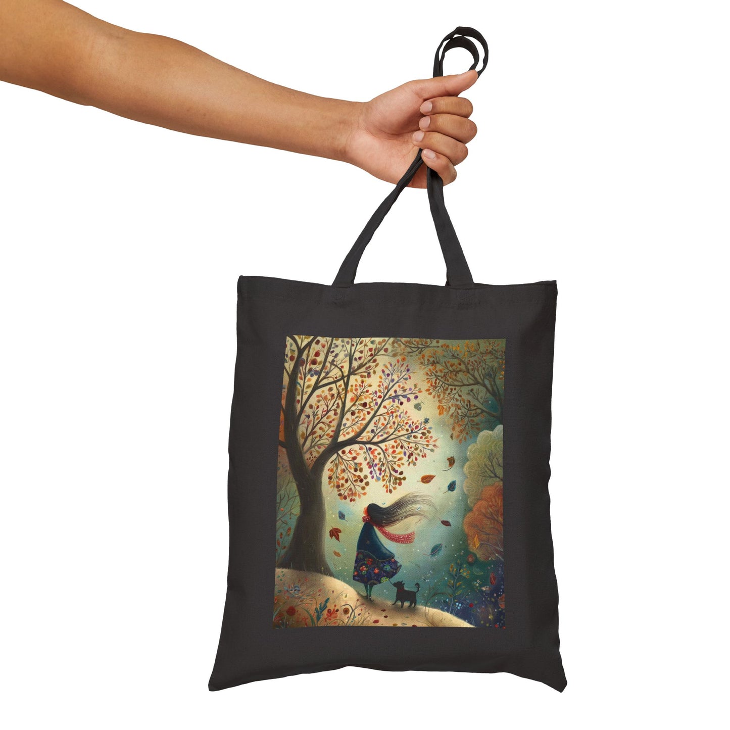 Autumn Serenity Tote Bag, Whimsical Windy Day with Girl & Dog, Fall Forest Illustration Carryall, Cozy Seasonal Market Bag