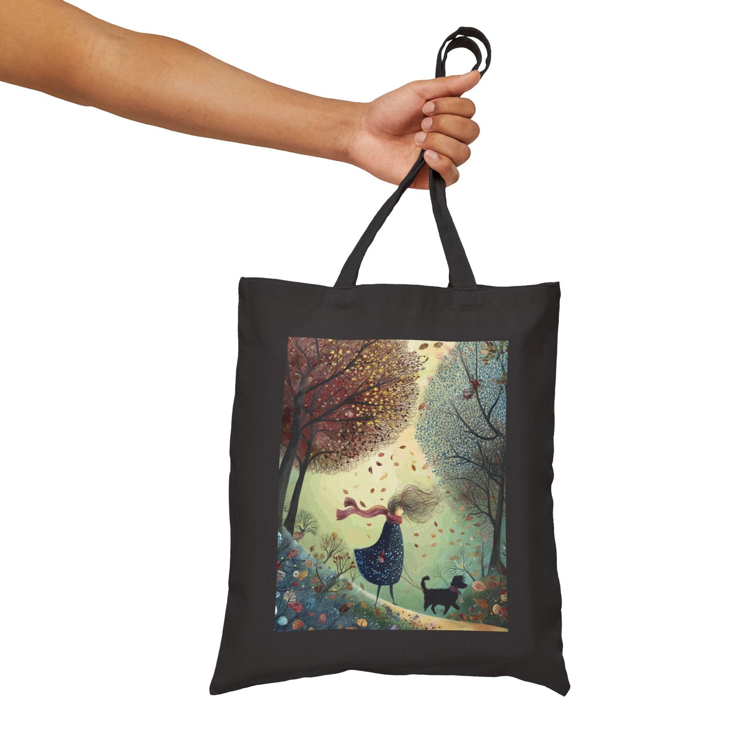 Autumn Serenity Tote Bag, Whimsical Windy Day with Girl & Dog, Fall Forest Illustration Carryall, Cozy Seasonal Market Bag