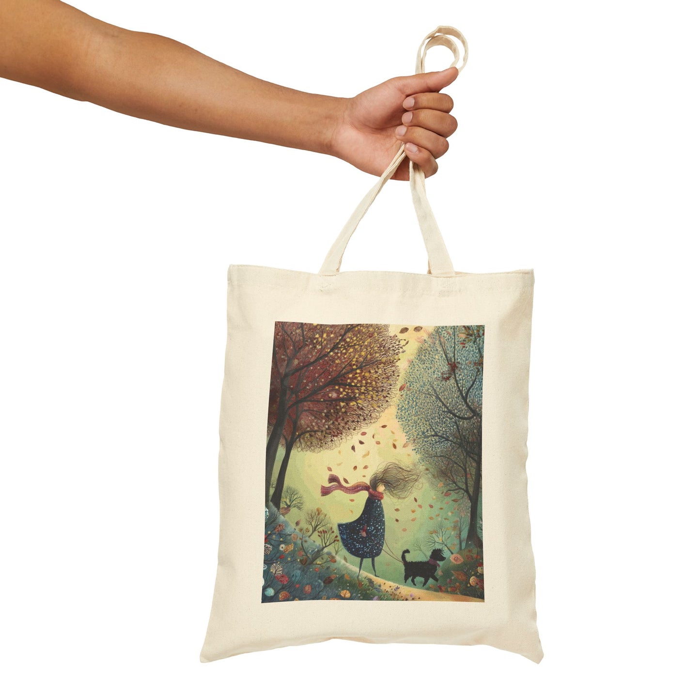 Autumn Serenity Tote Bag, Whimsical Windy Day with Girl & Dog, Fall Forest Illustration Carryall, Cozy Seasonal Market Bag