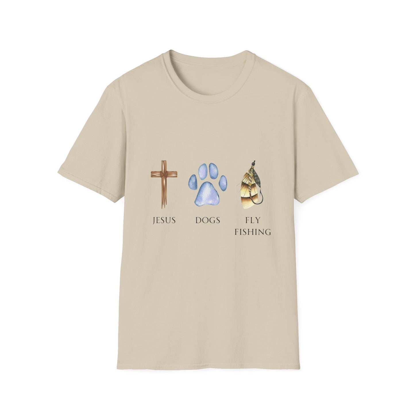 A man wearing a gray unisex t-shirt with graphics of a cross, a dog paw, and a fishing fly, standing by a river with fishing equipment.