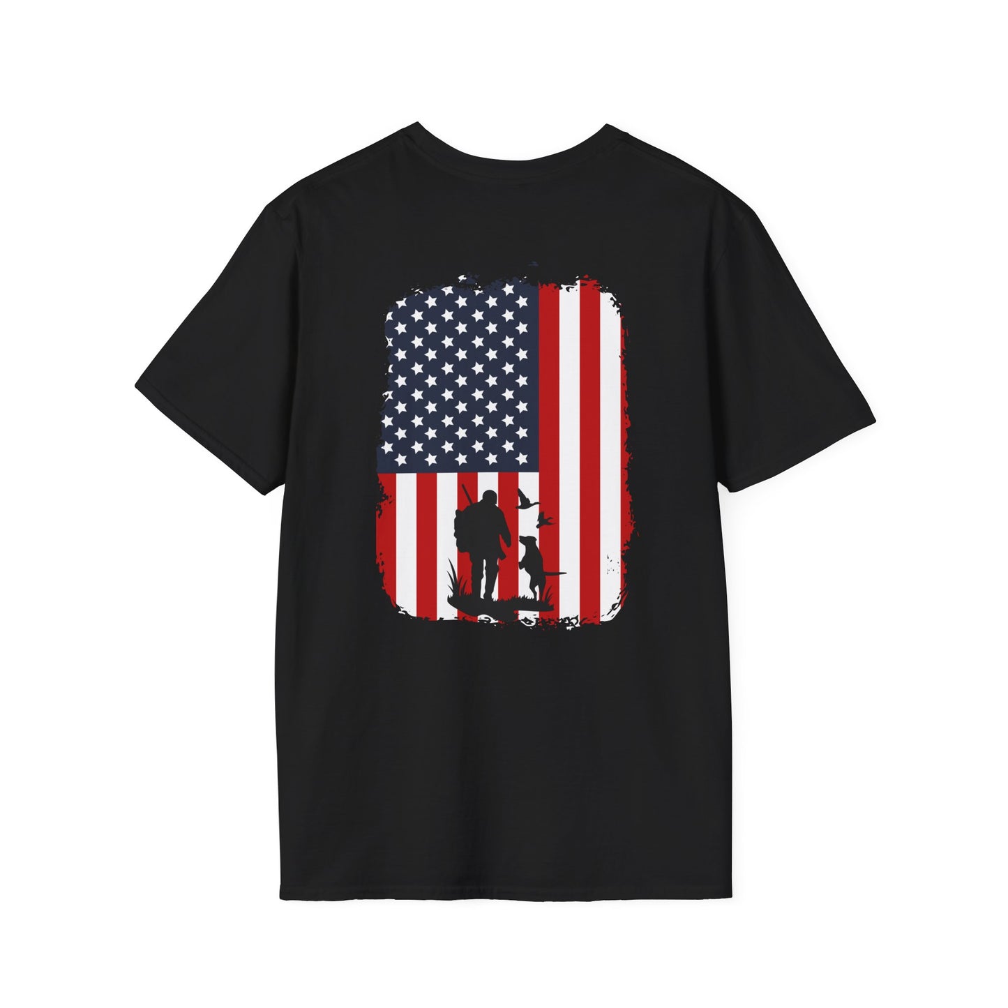 A person wearing a black t-shirt with an American flag design on the back, featuring a silhouette of a dog in the center.
