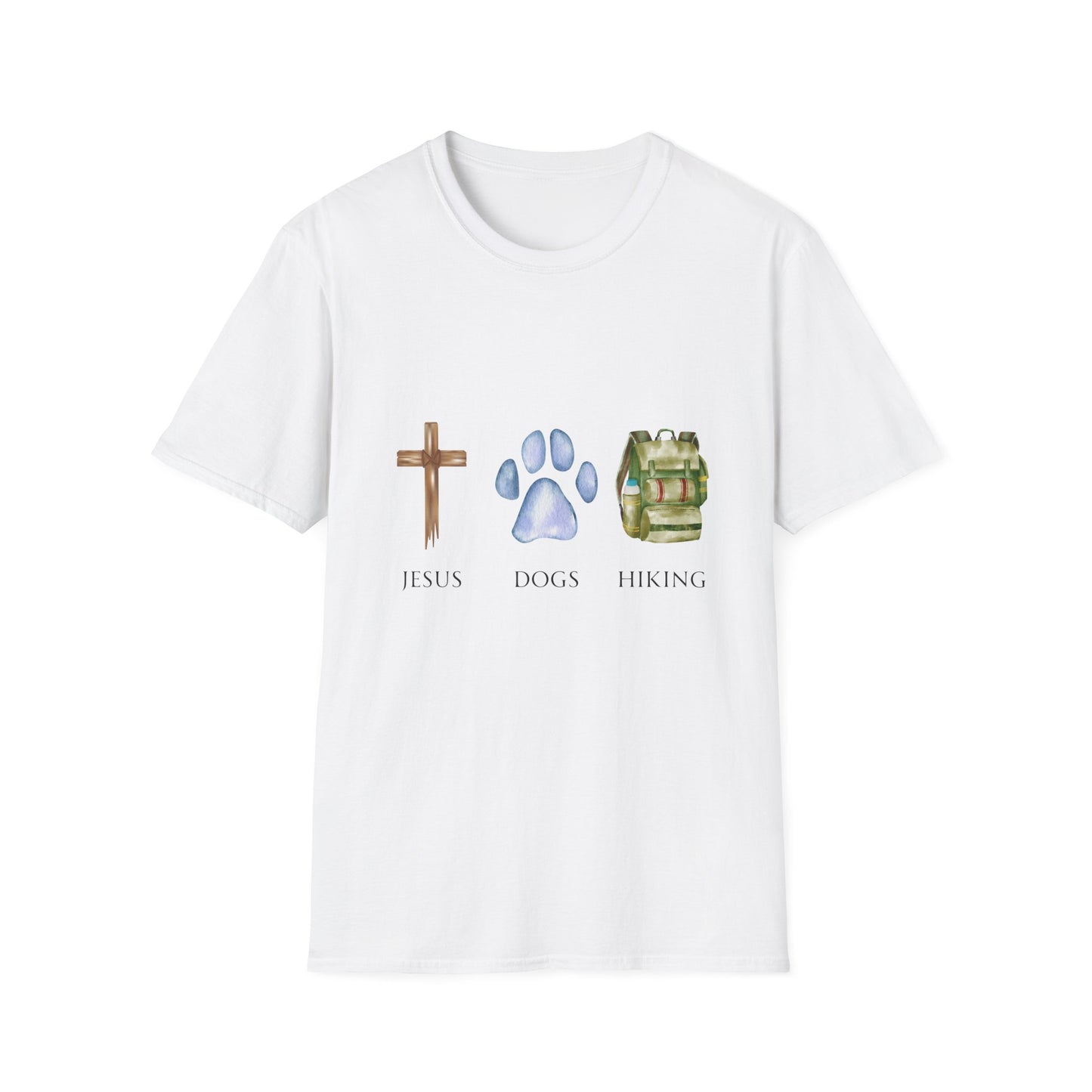 Jesus, Dogs & Hiking Unisex T-Shirt, Christian Dog Lover Shirt, Faith & Dogs Graphic Tee, Gift for Dog Moms & Dog Dads
