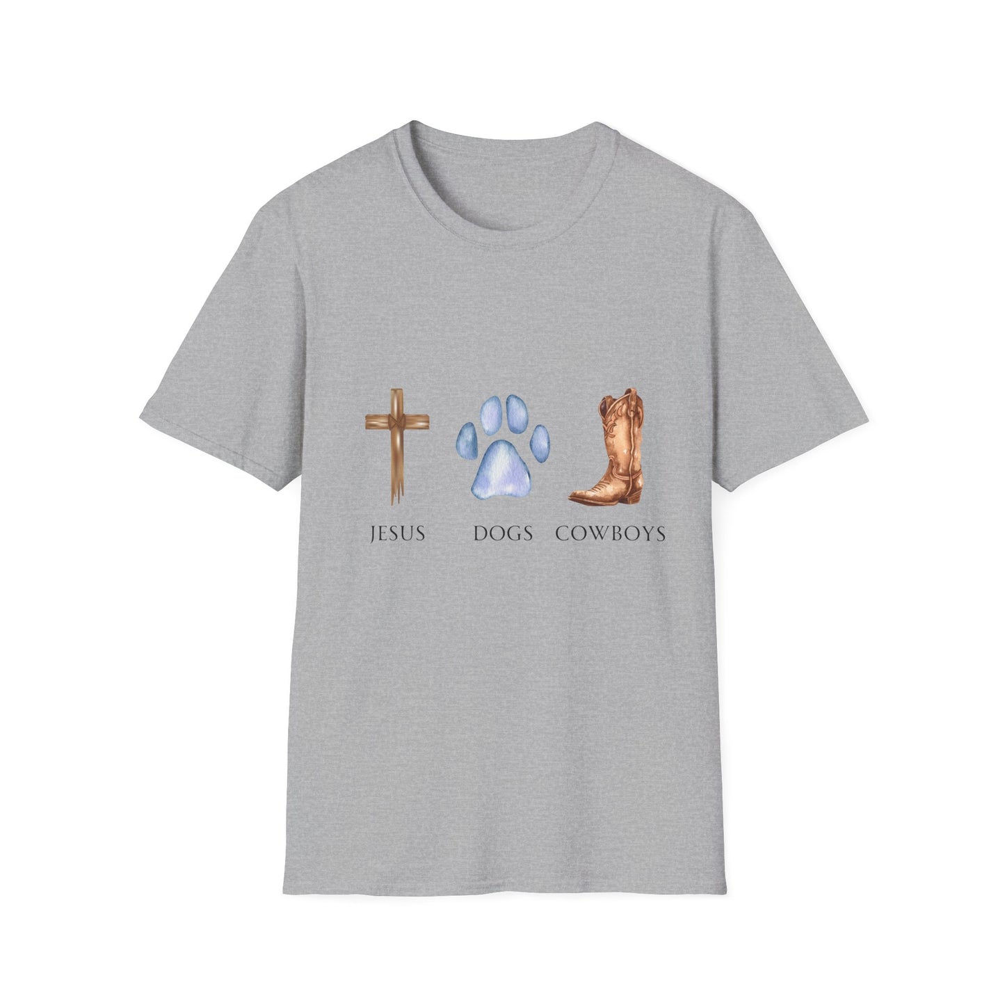 A woman wearing a gray unisex t-shirt with text and graphics that include a cross, a dog paw print, and a cowboy boot.