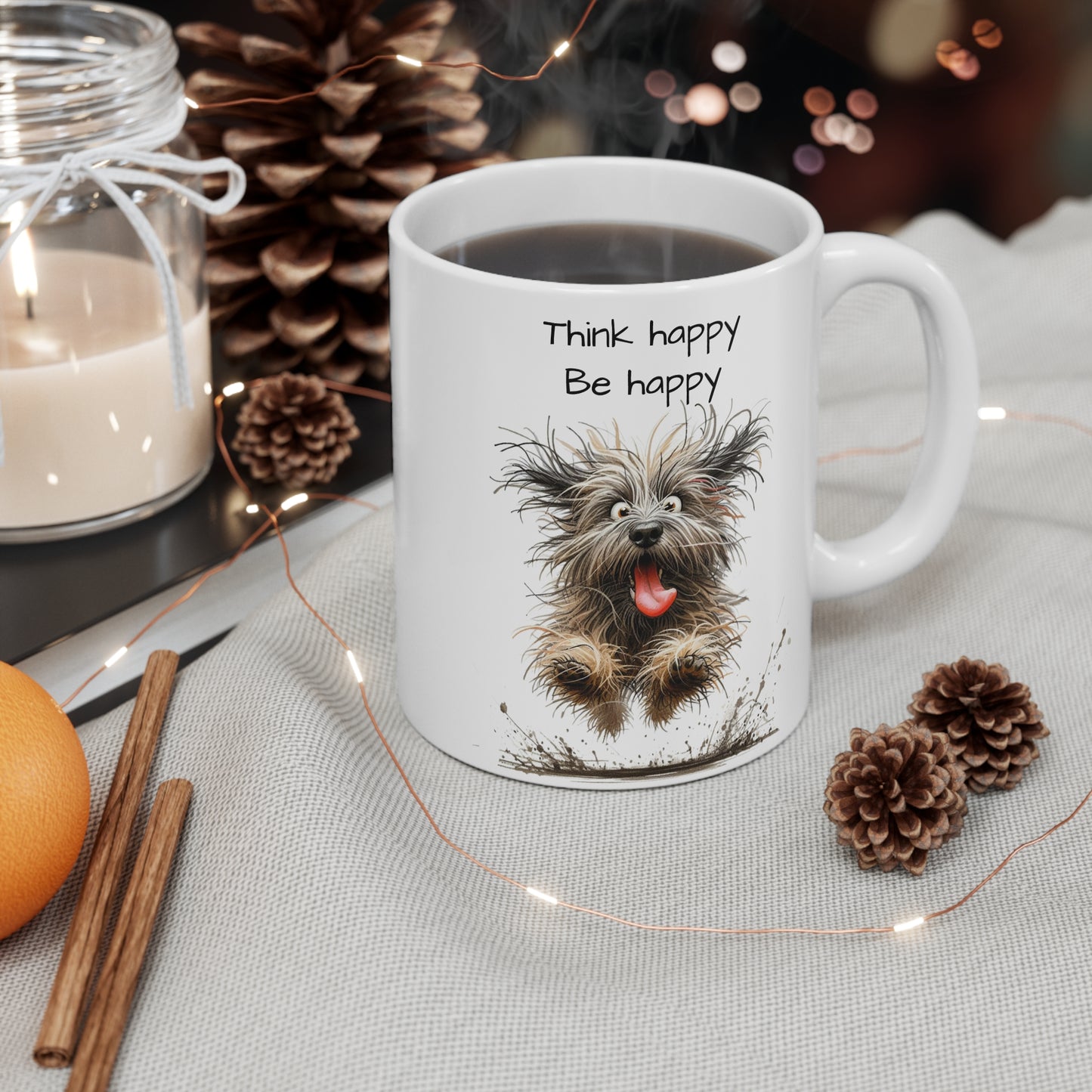 Scruffy Dog Mug 11oz - 'Think happy, be happy.'