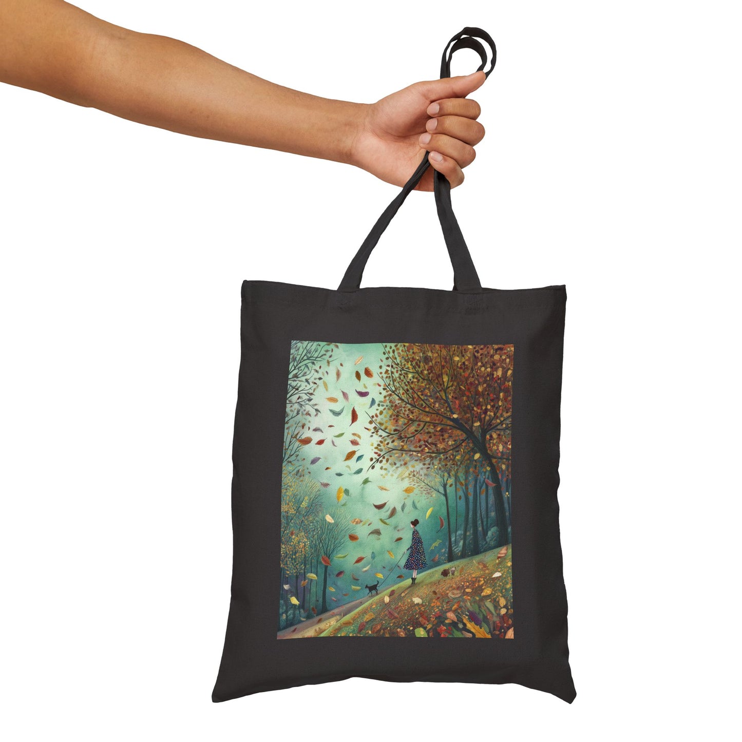 Autumn Serenity Tote Bag, Whimsical Windy Day with Girl & Dog, Fall Forest Illustration Carryall, Cozy Seasonal Market Bag