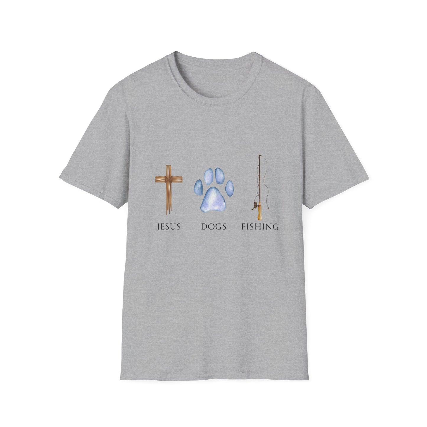 A person wearing a gray unisex t-shirt with text and graphics related to Jesus, dogs, and fishing.