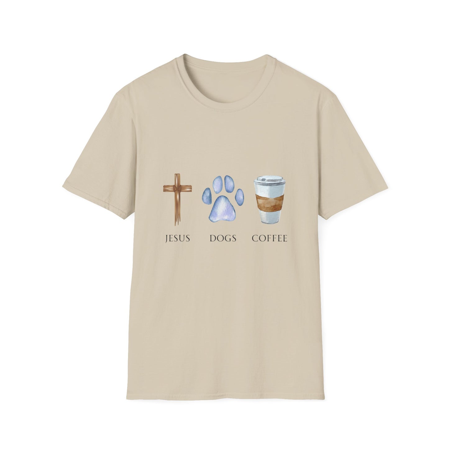 A woman wearing a gray unisex t-shirt with graphics of a cross, a dog paw, and a coffee cup, and the text 'Jesus, Dogs, Coffee' on it.
