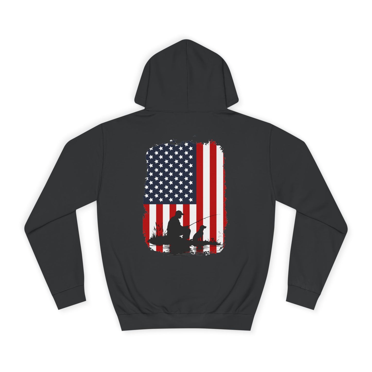 A person wearing a black hoodie with a graphic of an American flag, a fisherman, and a dog on the back.