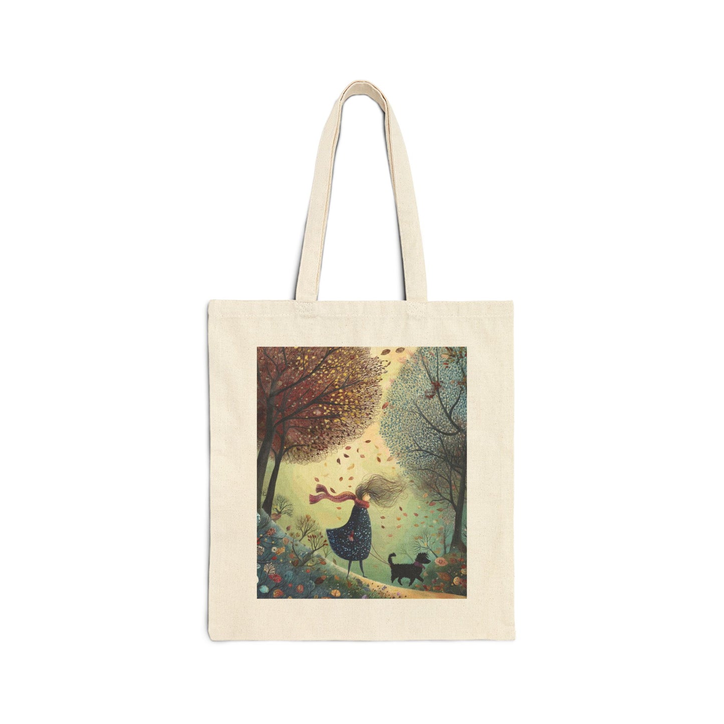 Autumn Serenity Tote Bag, Whimsical Windy Day with Girl & Dog, Fall Forest Illustration Carryall, Cozy Seasonal Market Bag