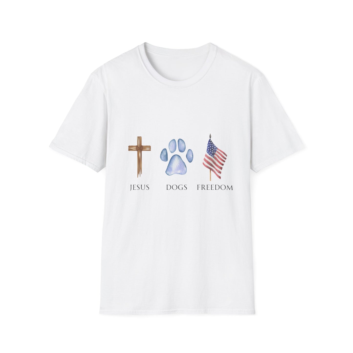 Jesus, Dogs & Freedom Unisex T-Shirt, Christian Dog Lover Shirt, Faith & Dogs Graphic Tee, Gift for Dog Moms & Dog Dads