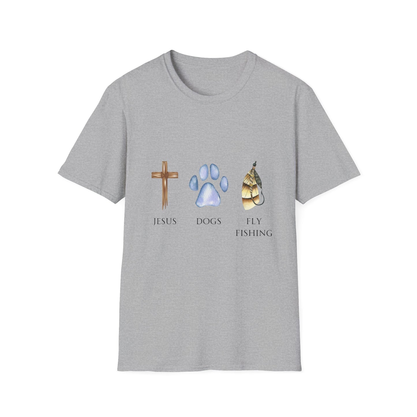 A man wearing a gray unisex t-shirt with graphics of a cross, a dog paw, and a fishing fly, standing by a river with fishing equipment.