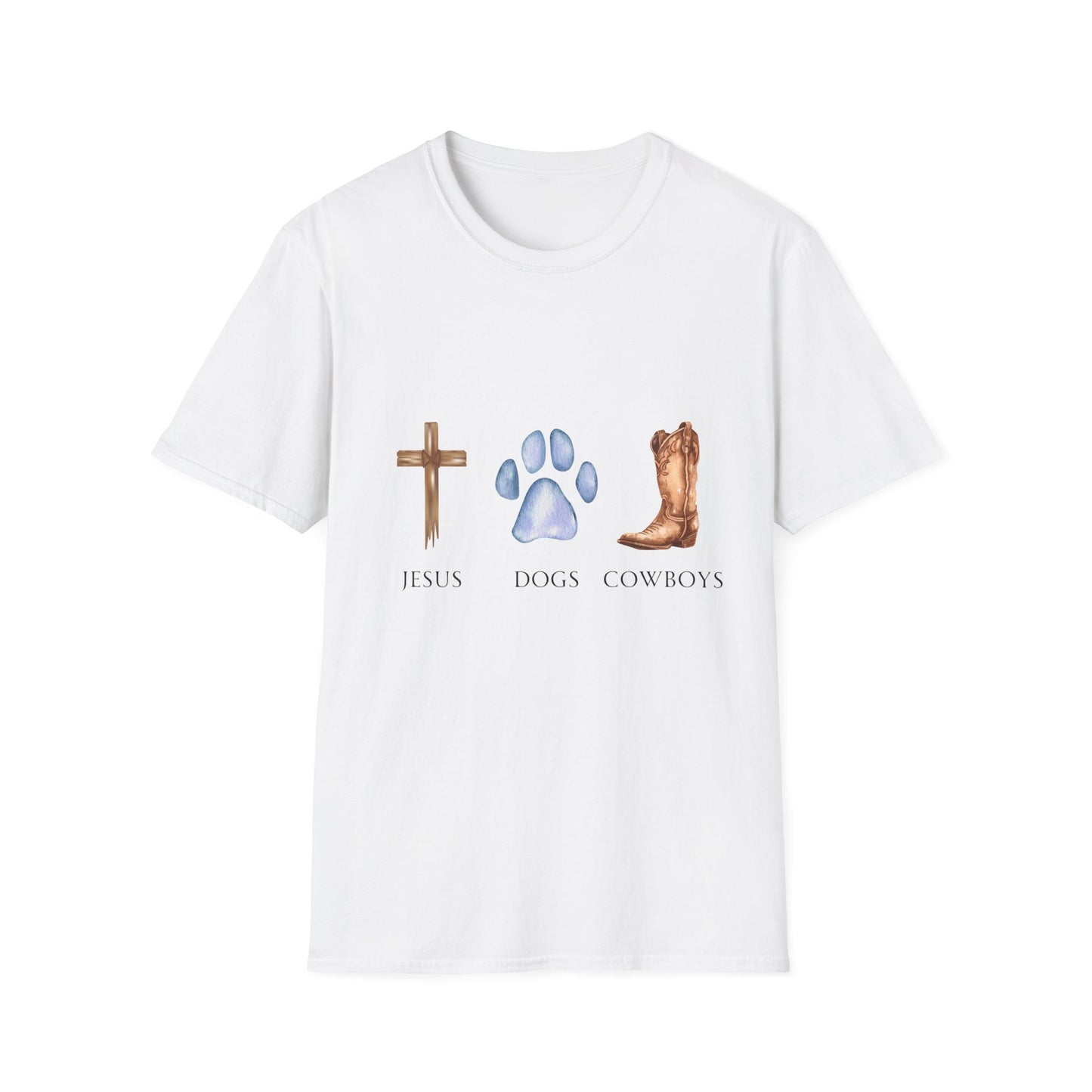 A woman wearing a gray unisex t-shirt with text and graphics that include a cross, a dog paw print, and a cowboy boot.