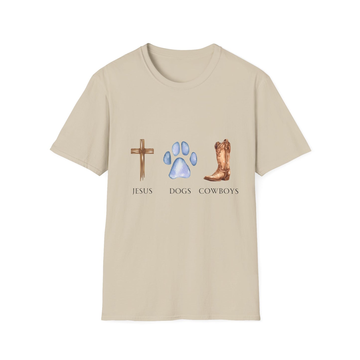 A woman wearing a gray unisex t-shirt with text and graphics that include a cross, a dog paw print, and a cowboy boot.