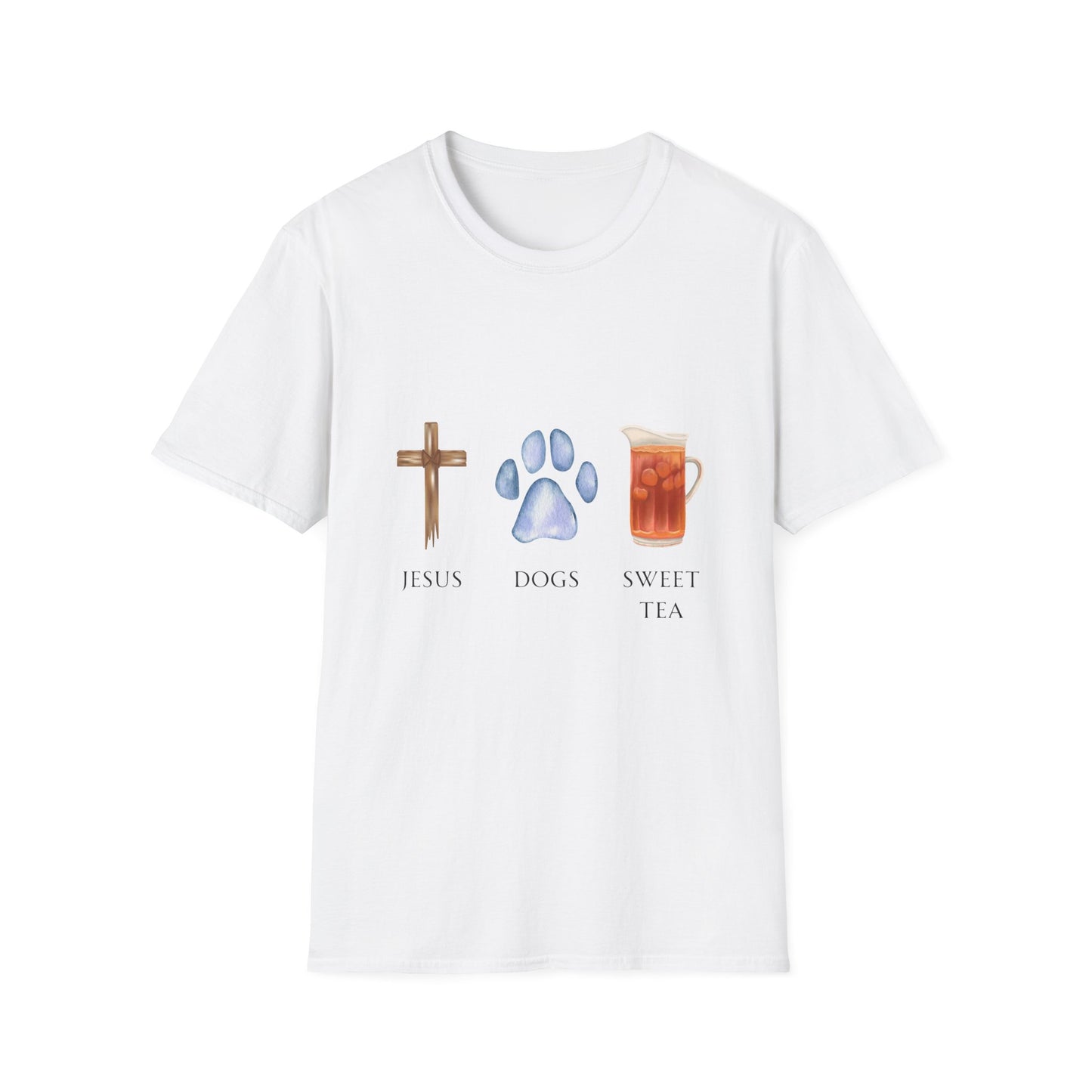 Jesus, Dogs & Sweet Tea Unisex T-Shirt, Christian Dog Lover Shirt, Faith & Dogs Graphic Tee, Gift for Dog Moms & Dog Dads
