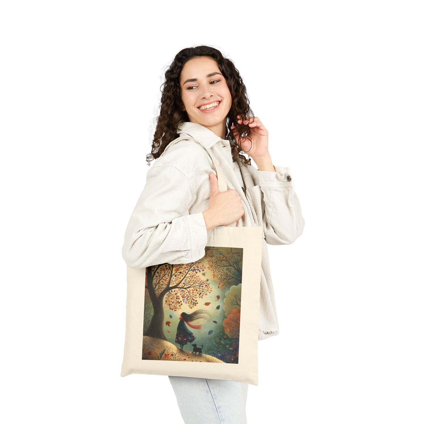 Autumn Serenity Tote Bag, Whimsical Windy Day with Girl & Dog, Fall Forest Illustration Carryall, Cozy Seasonal Market Bag