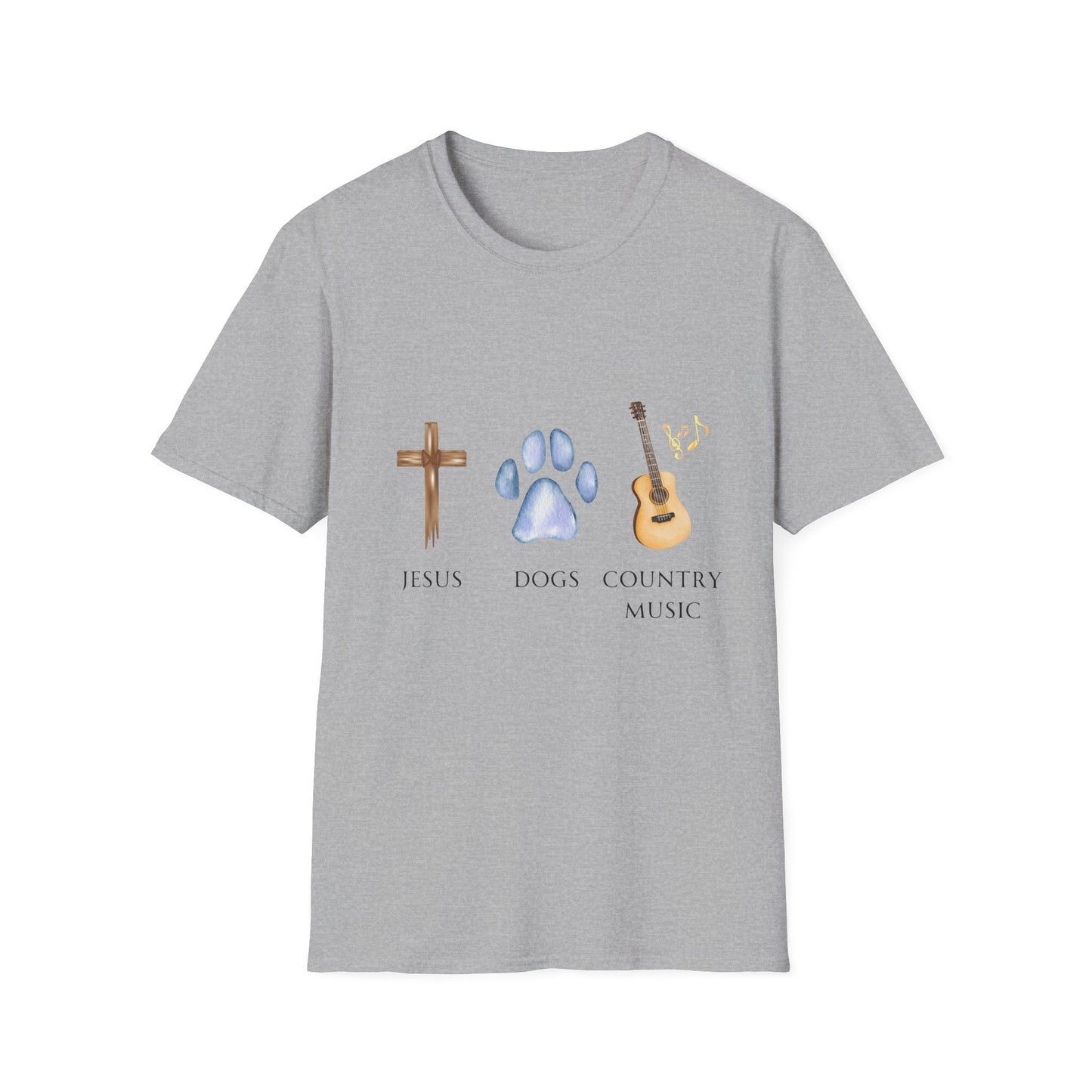 A woman wearing a gray t-shirt with the text 'Jesus, Dogs, Country Music' and graphic images of a cross, a paw print, and a guitar.