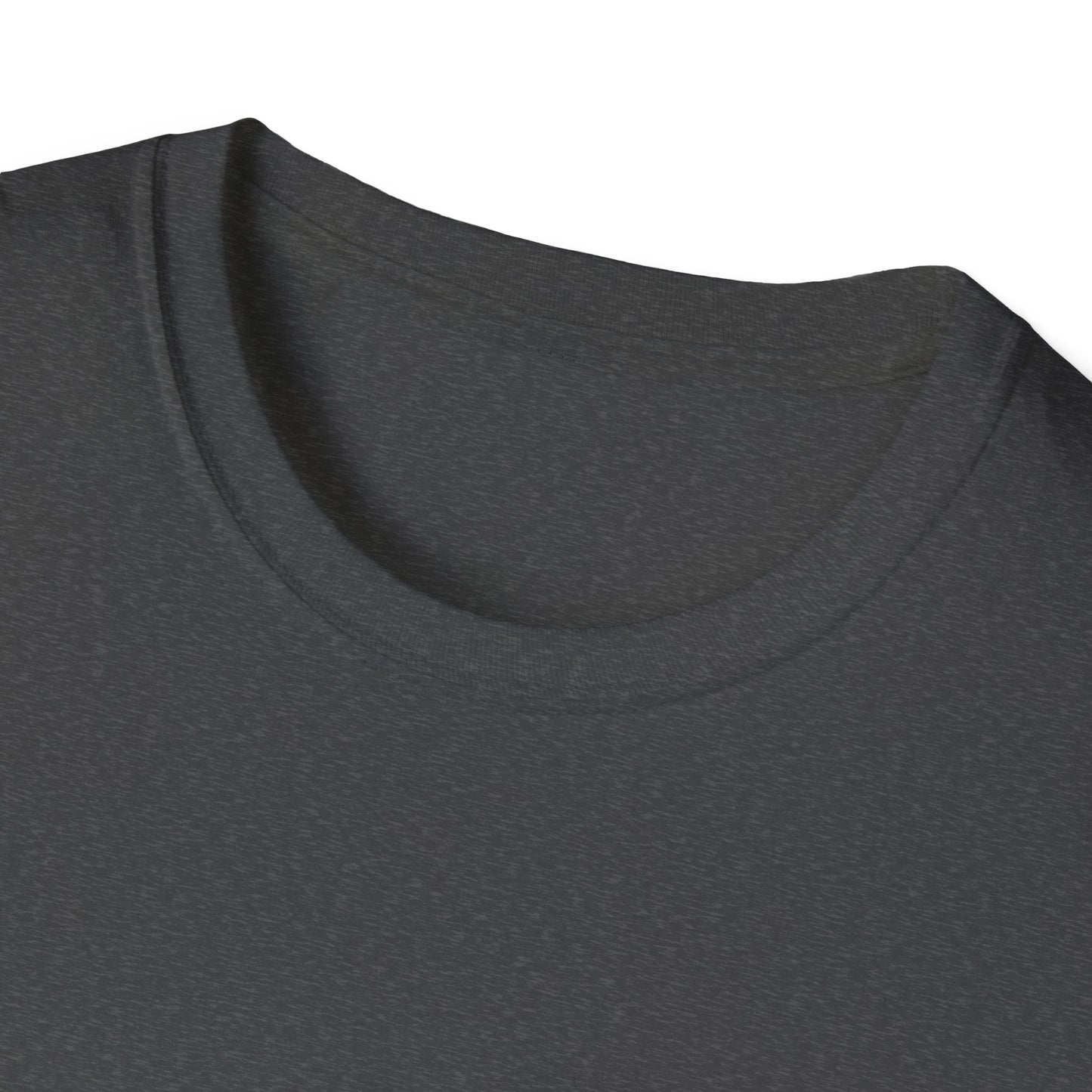 Close-up of a dark grey heather t-shirt with a logo on a white background