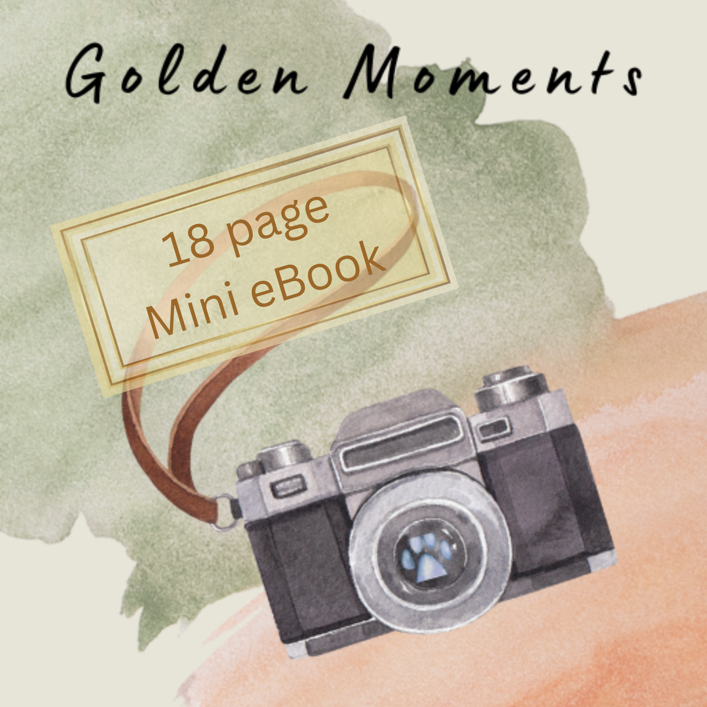 Vintage camera with '18 page Mini eBook' text on a watercolor background