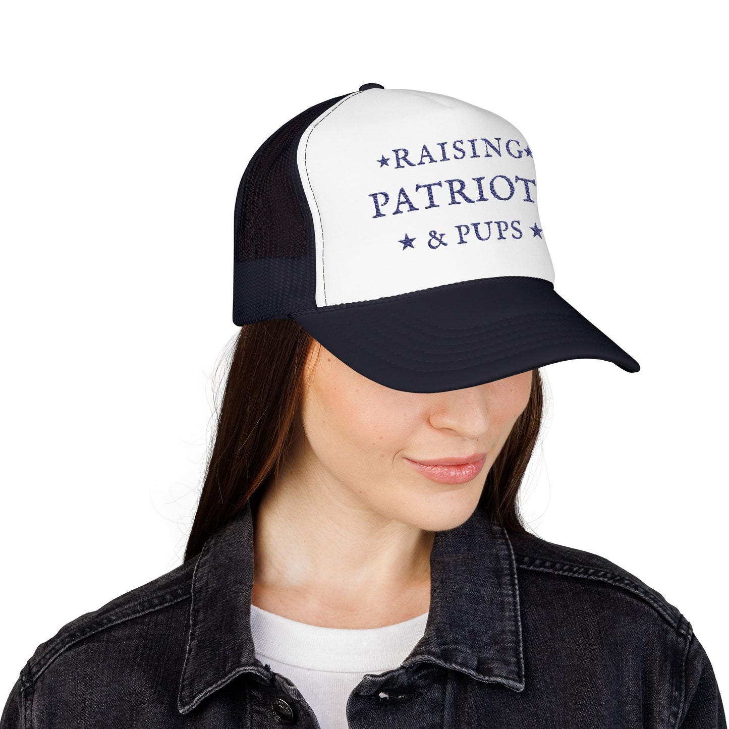 Person wearing a cap with 'Raising Patriots and Pups' text and logo on a white background