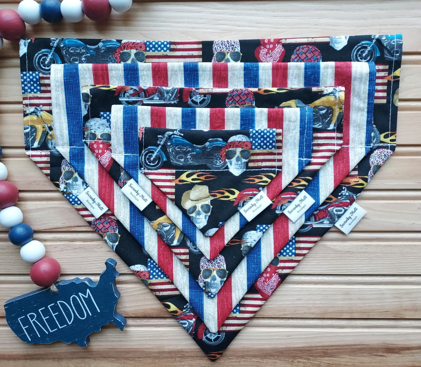 Dog Bandana - Reversible Slide-Over The Collar - American Flags, Motorcycles and Skulls