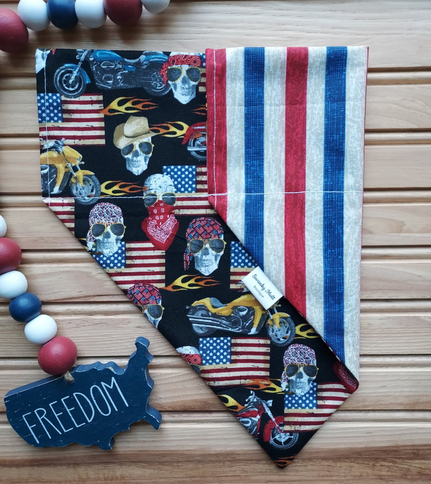 Dog Bandana - Reversible Slide-Over The Collar - American Flags, Motorcycles and Skulls