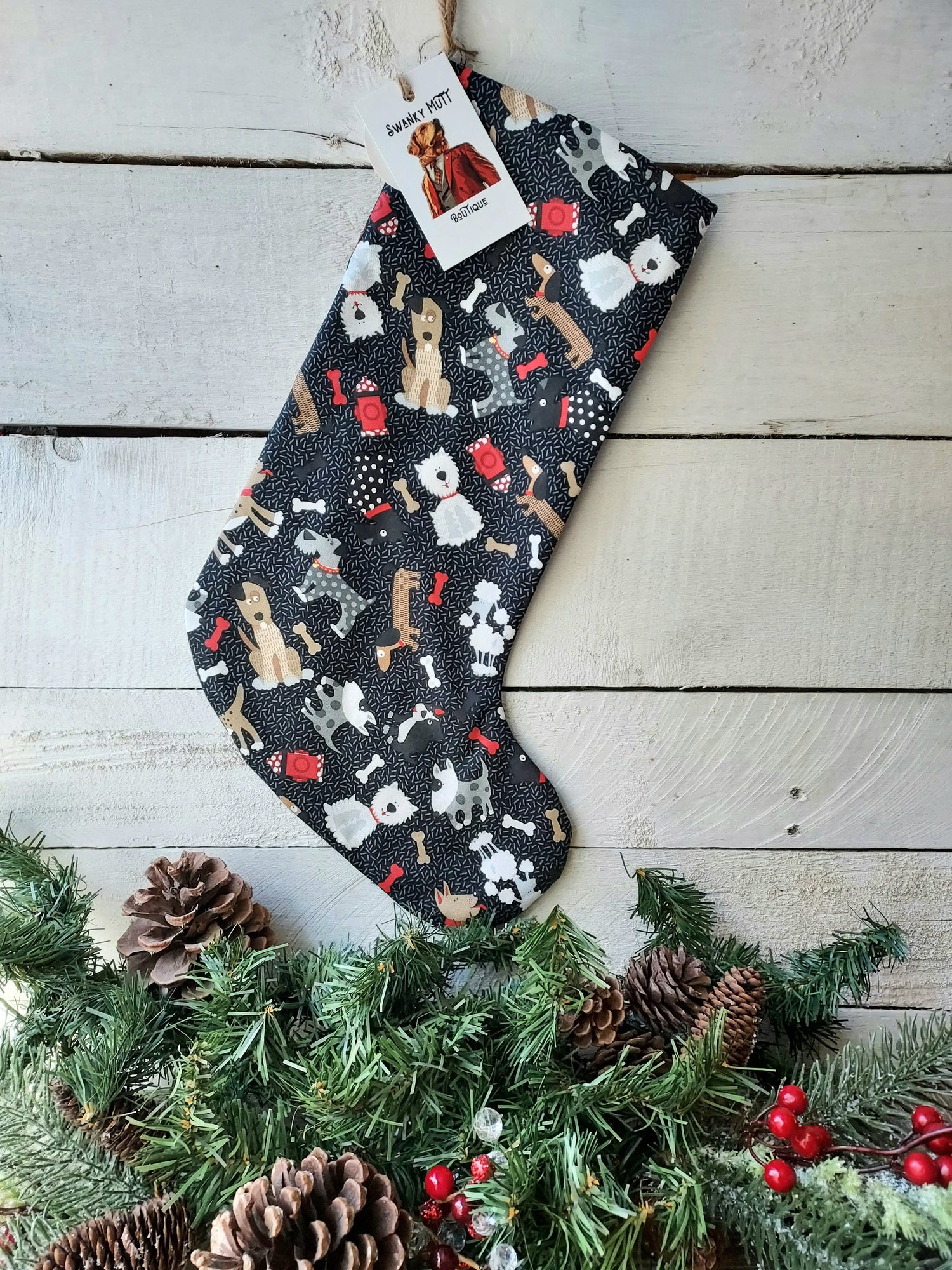 Handmade fully-lined Christmas stockings in an assortment of cute dog prints.