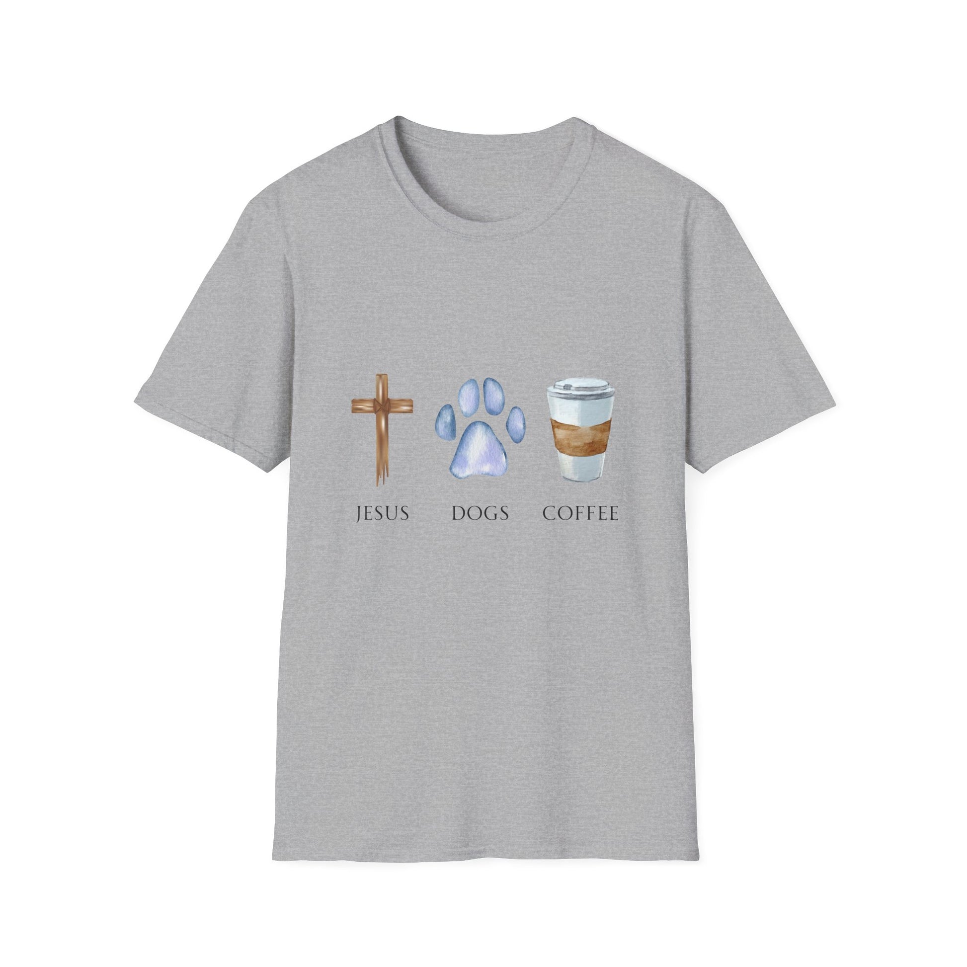 A woman wearing a gray unisex t-shirt with graphics of a cross, a dog paw, and a coffee cup, and the text 'Jesus, Dogs, Coffee' on it.