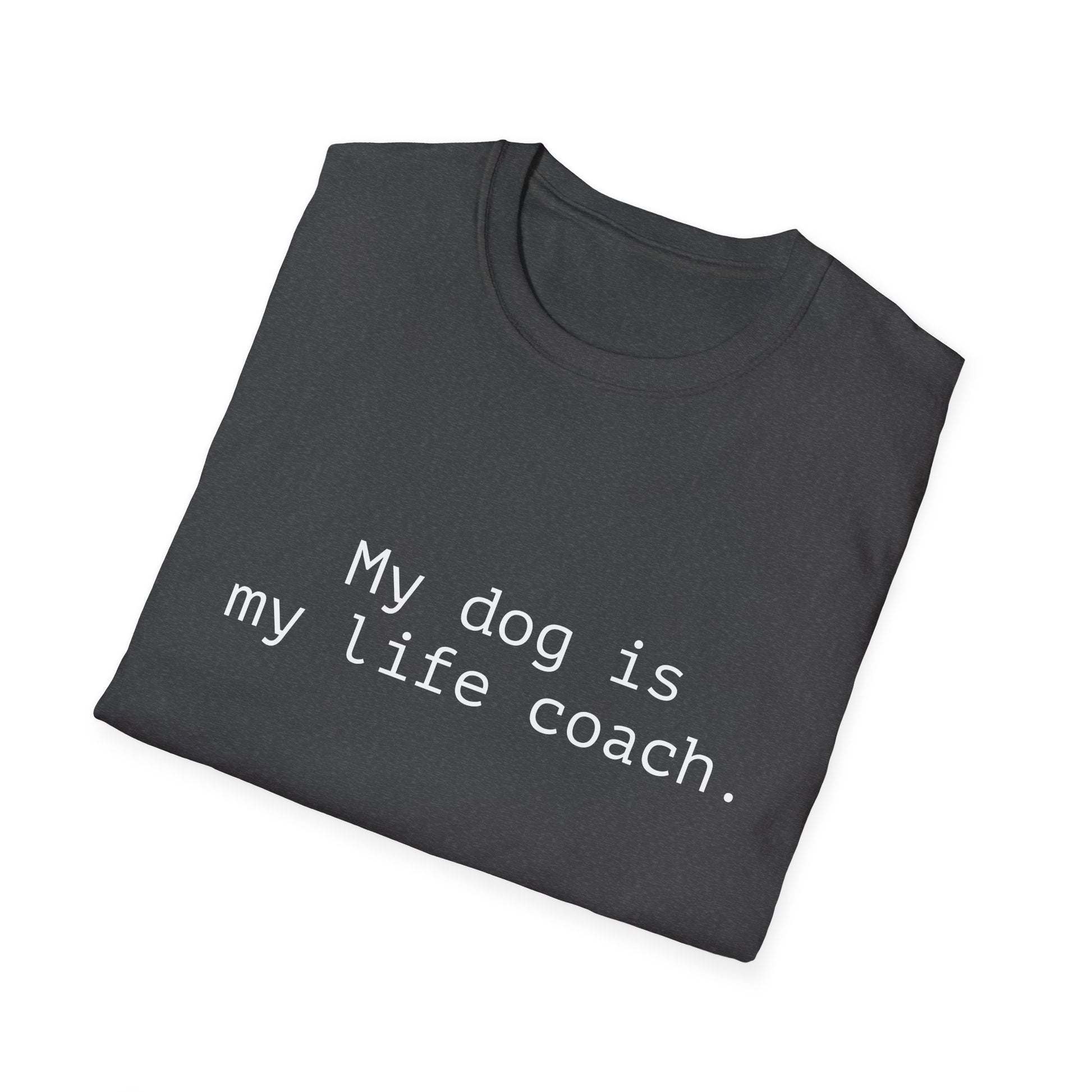 Folded black t-shirt with 'My dog is my life coach' text on a white background
