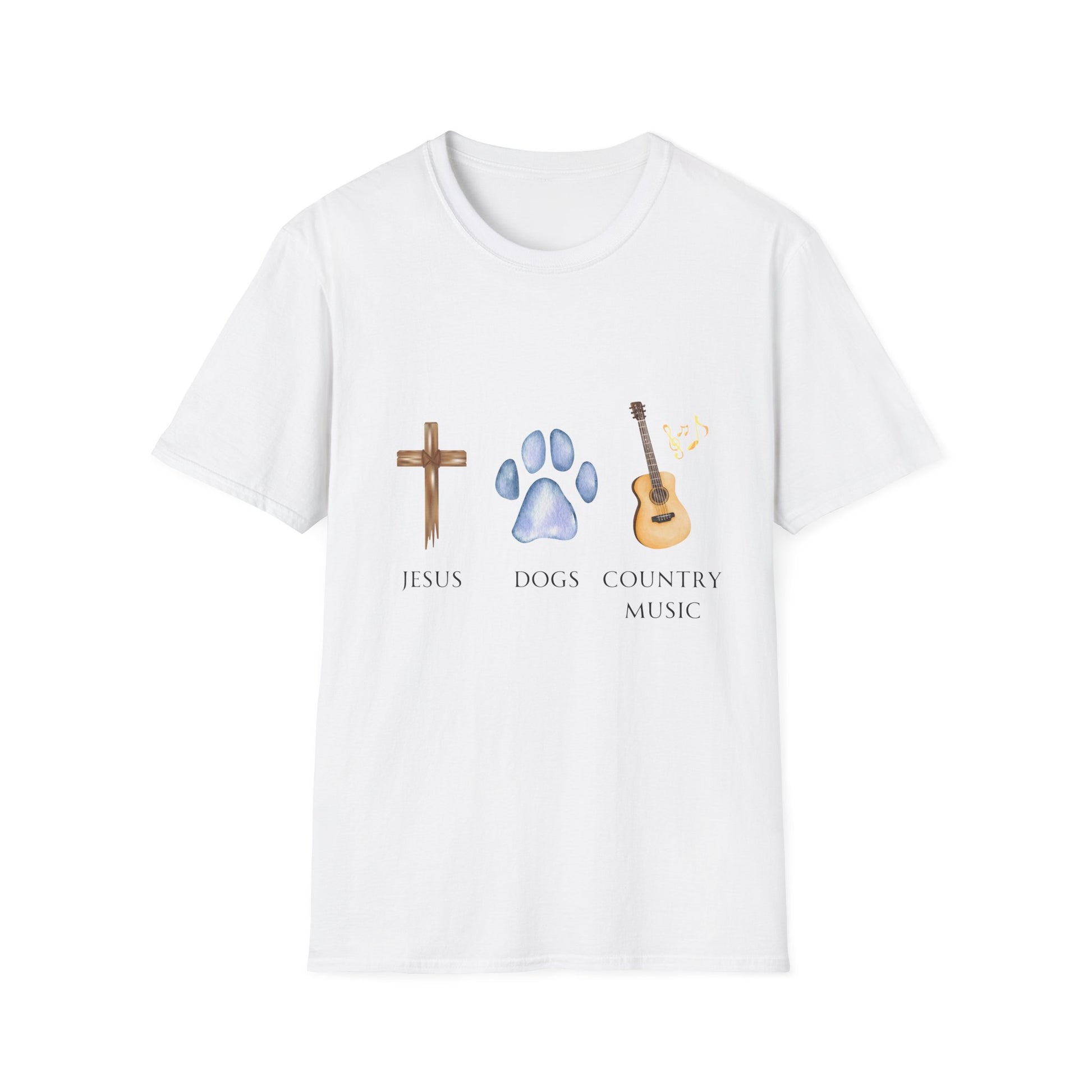 A woman wearing a gray t-shirt with the text 'Jesus, Dogs, Country Music' and graphic images of a cross, a paw print, and a guitar.