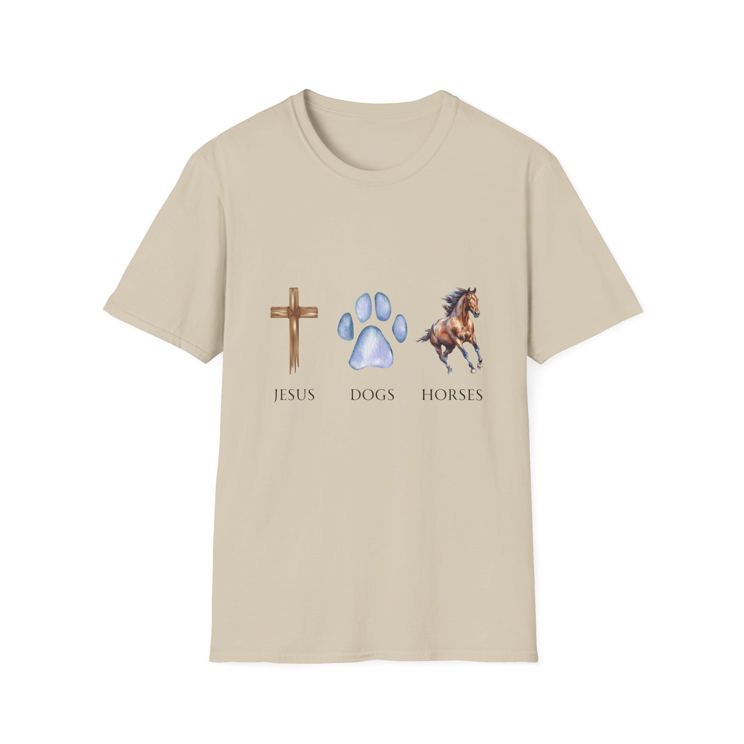 Jesus, Dogs & Horses Unisex T-Shirt, Christian Dog Lover Shirt, Faith & Dogs Graphic Tee, Gift for Dog Moms & Dog Dads