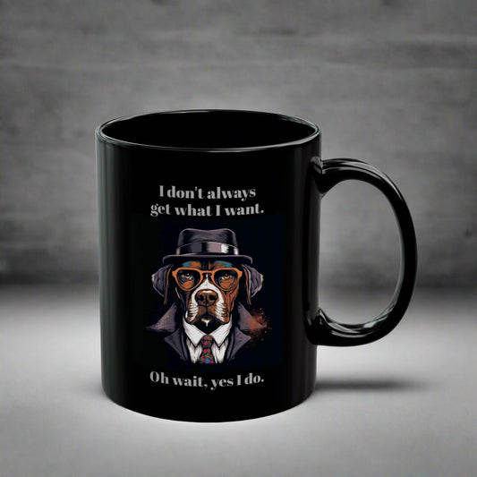 Black mug with a dog illustration and humorous text 