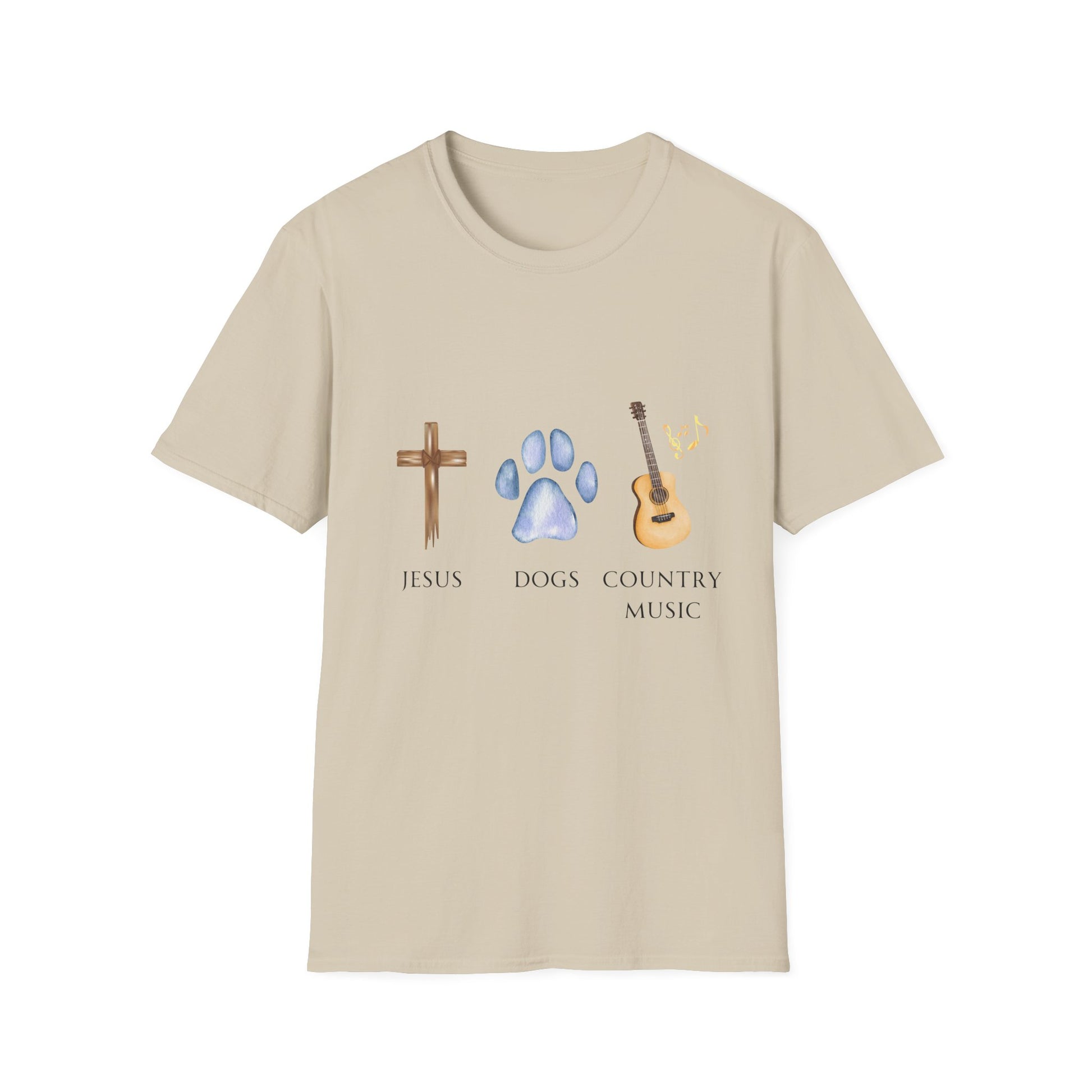 A woman wearing a gray t-shirt with the text 'Jesus, Dogs, Country Music' and graphic images of a cross, a paw print, and a guitar.