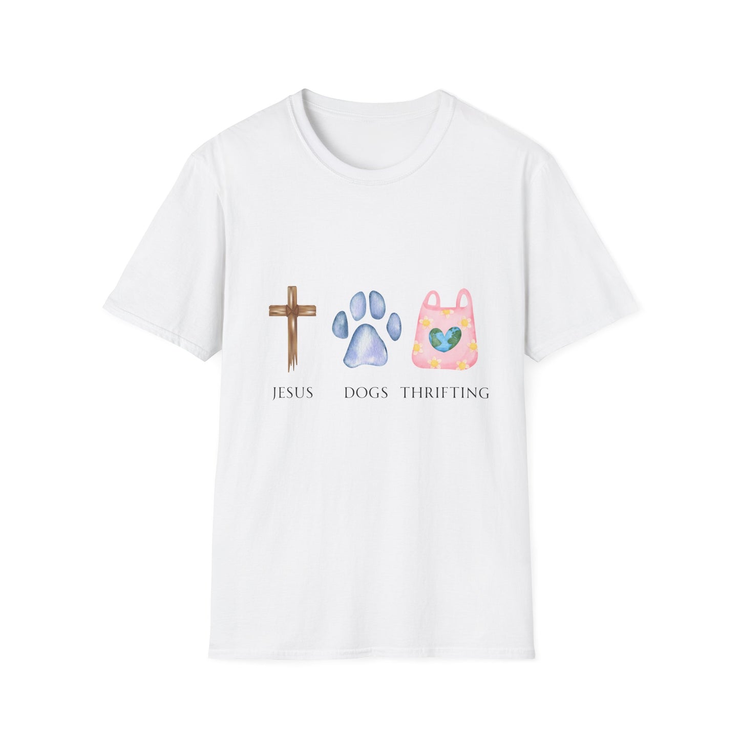 A woman standing in front of a Thrift store wearing a gray t-shirt with text and graphics related to Jesus, dogs, and thrifting.