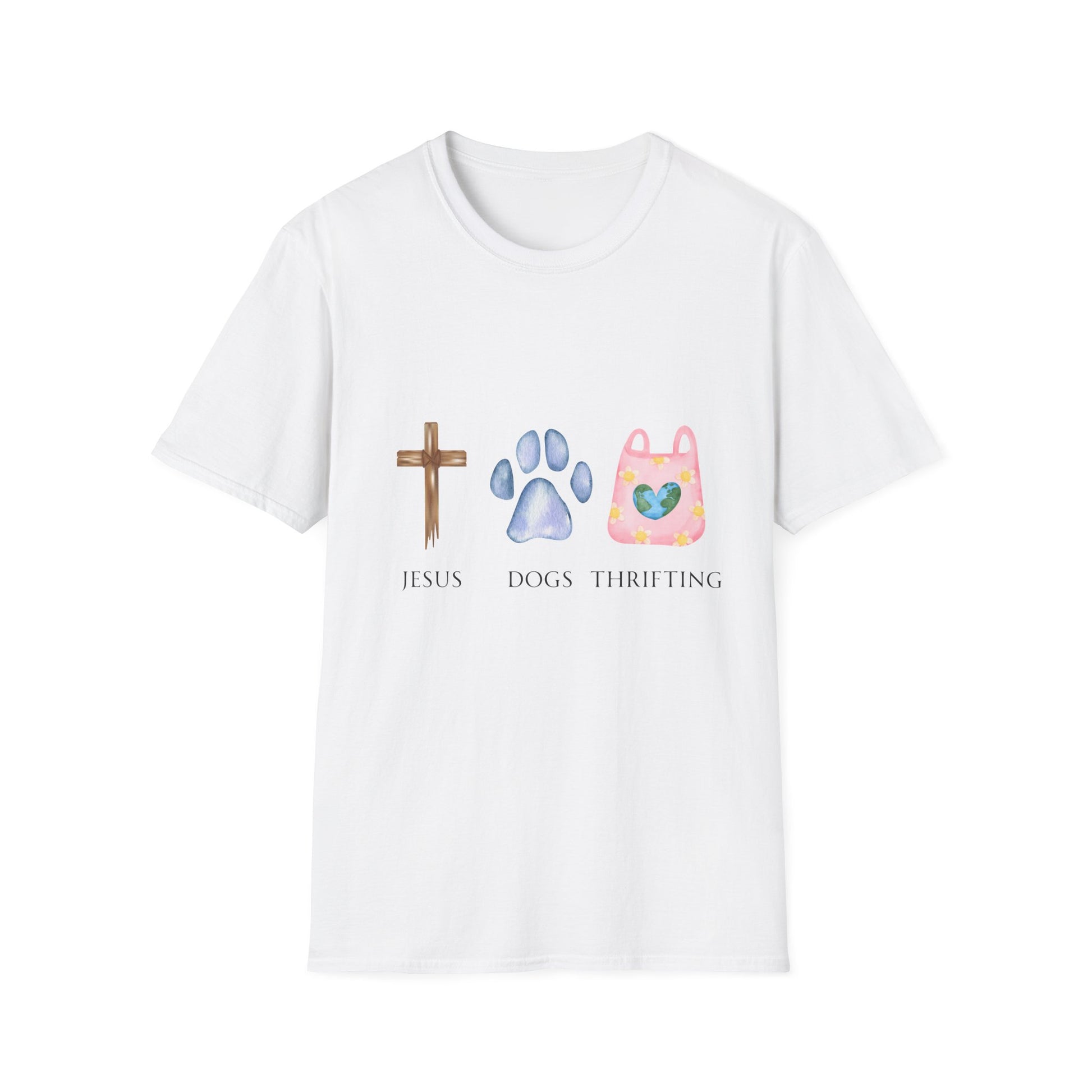 A woman standing in front of a Thrift store wearing a gray t-shirt with text and graphics related to Jesus, dogs, and thrifting.