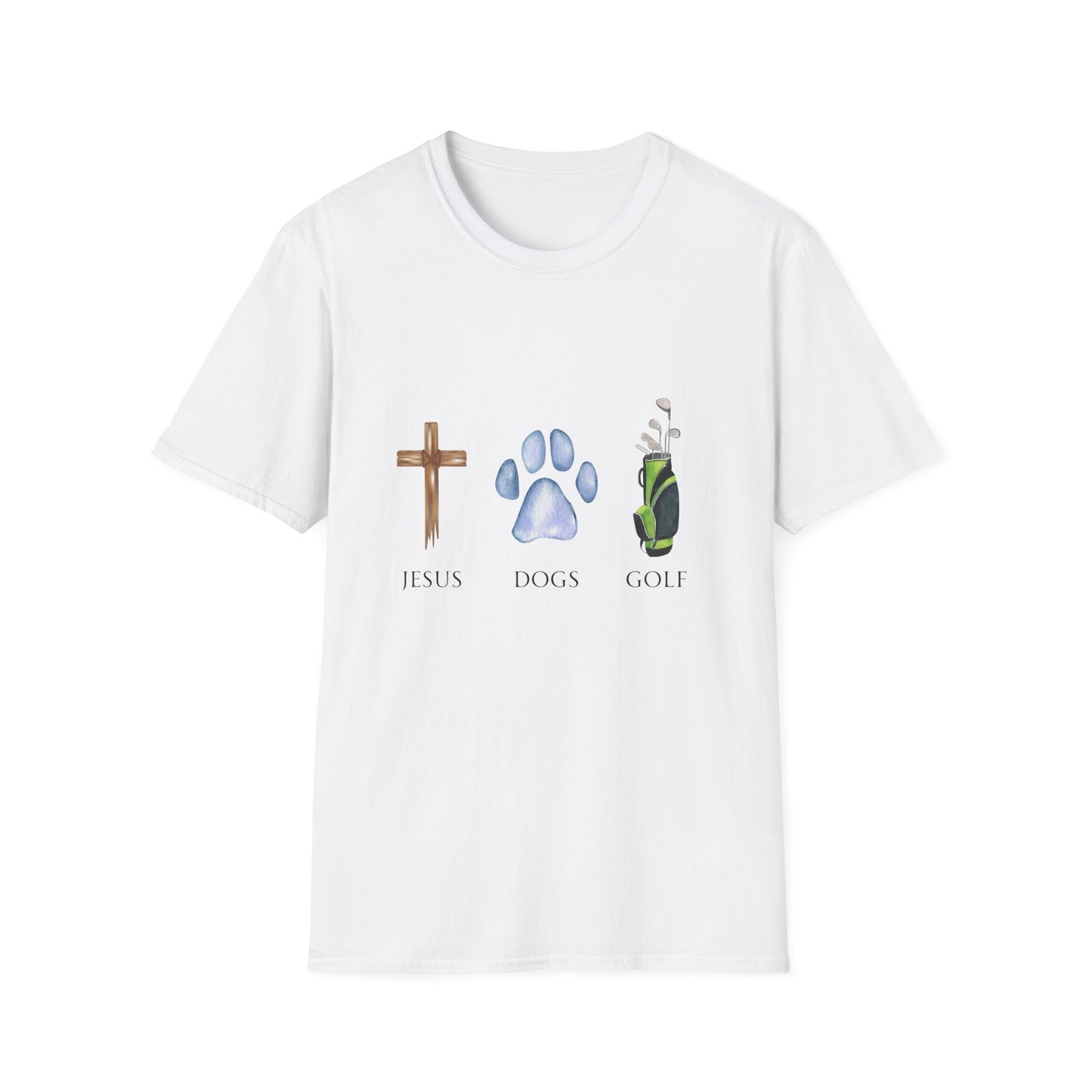 Jesus, Dogs & Golf Unisex T-Shirt, Christian Dog Lover Shirt, Faith & Dogs Graphic Tee, Gift for Dog Moms & Dog Dads