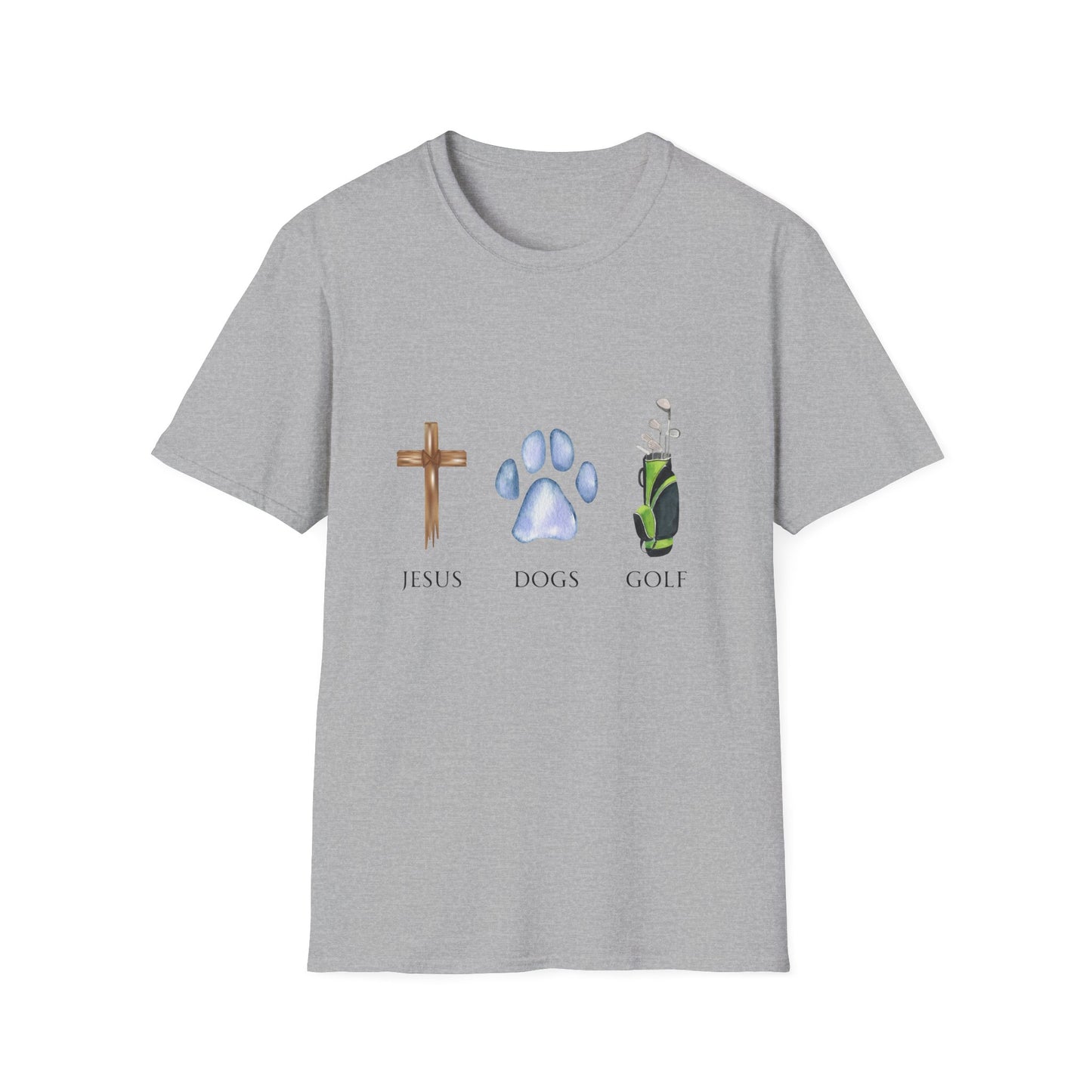 Jesus, Dogs & Golf Unisex T-Shirt, Christian Dog Lover Shirt, Faith & Dogs Graphic Tee, Gift for Dog Moms & Dog Dads