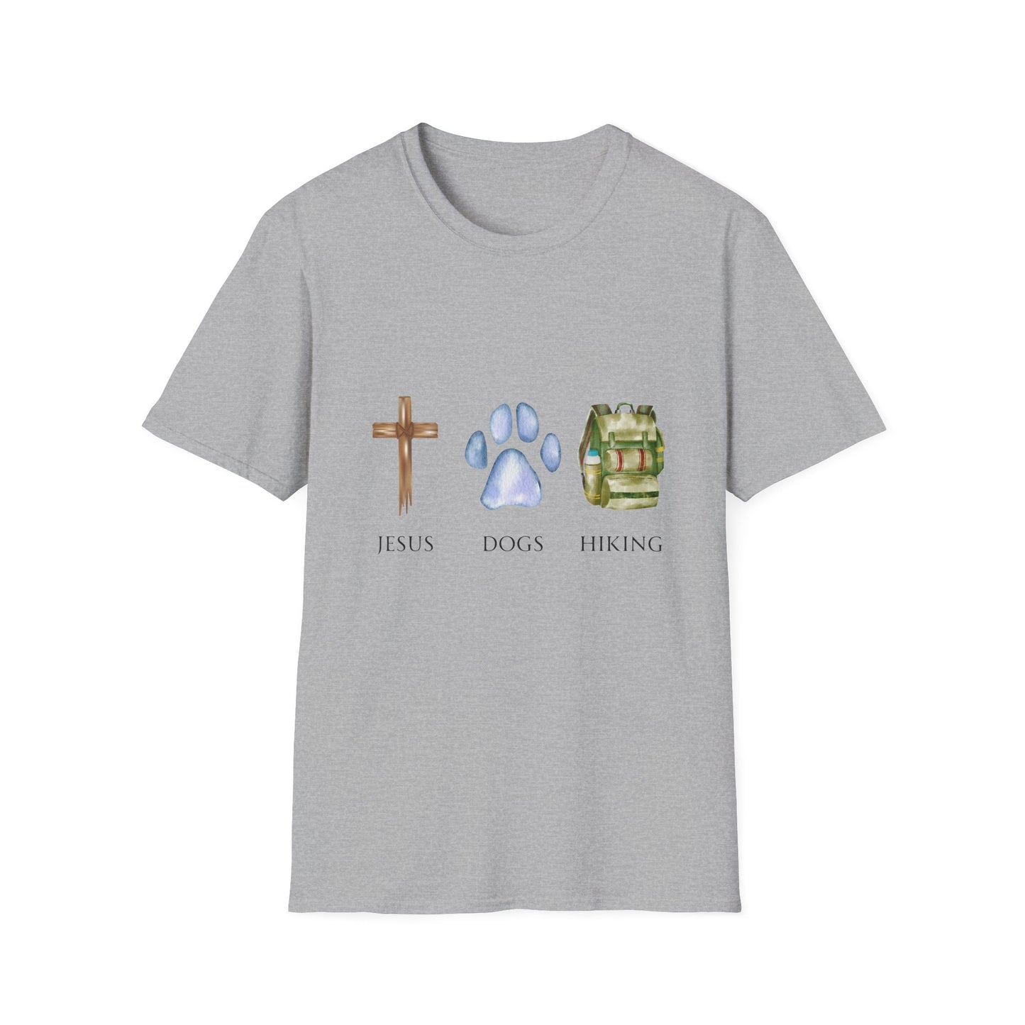 Jesus, Dogs & Hiking Unisex T-Shirt, Christian Dog Lover Shirt, Faith & Dogs Graphic Tee, Gift for Dog Moms & Dog Dads