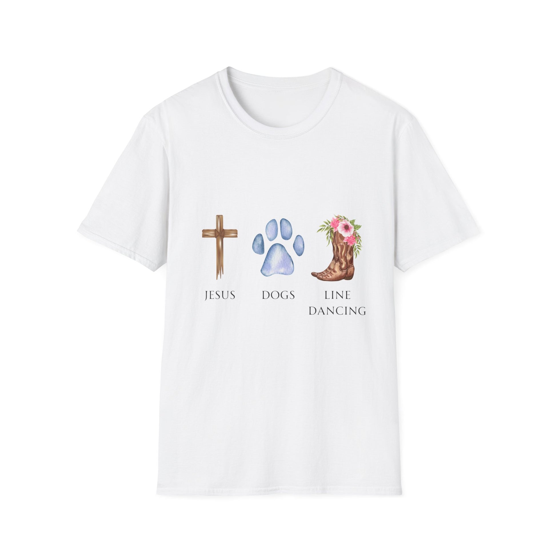 A woman wearing a light blue unisex t-shirt with text and graphics related to Jesus, dogs, and line dancing.