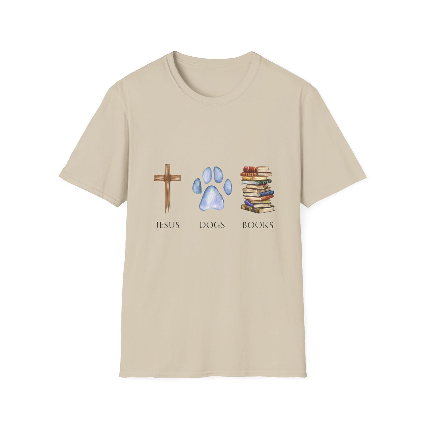 A person wearing a gray unisex t-shirt with graphics of a cross, a dog paw, and a stack of books, standing in a library setting.